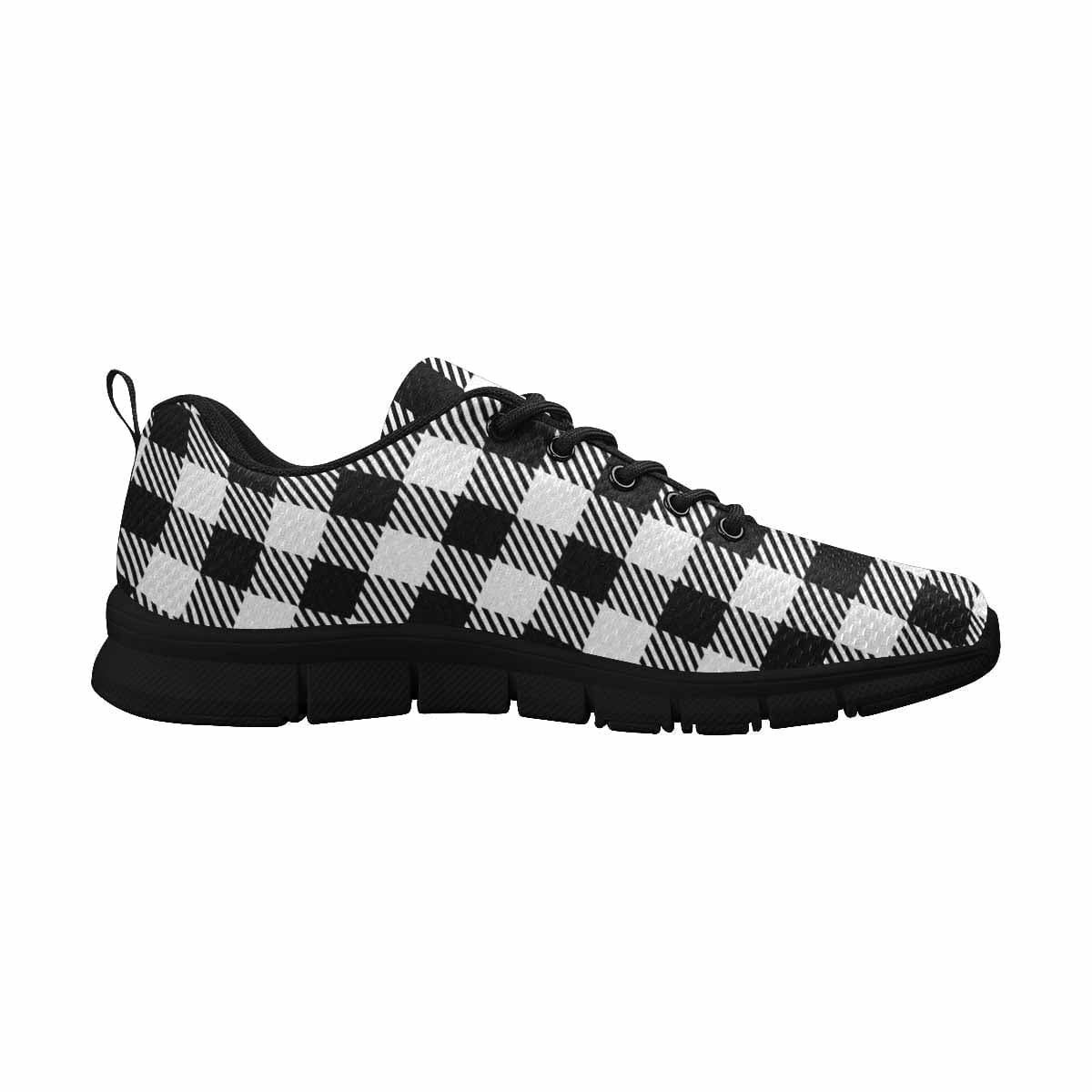 Men's Buffalo Plaid Black and White Running Shoe showcasing a stylish design with a comfortable fit.