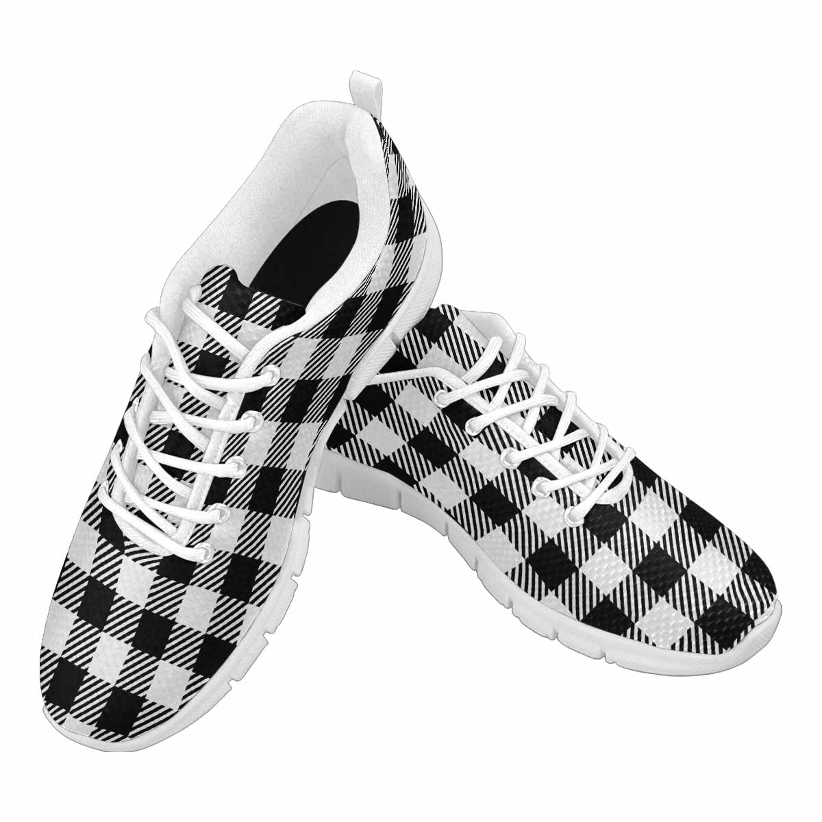 Men's Buffalo Plaid Black and White Sneakers designed for running, featuring a durable outsole and breathable materials.