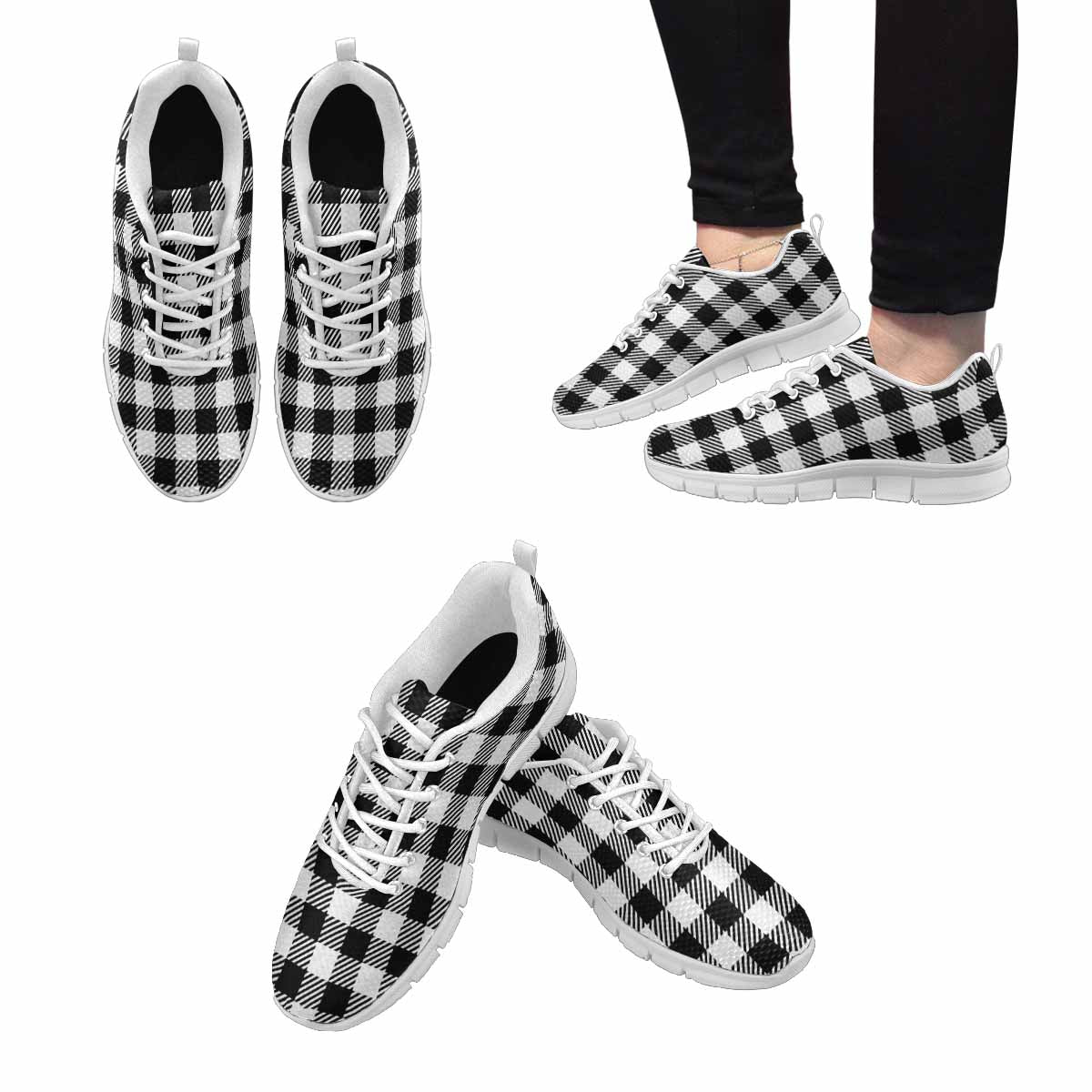 Men's Buffalo Plaid Black and White Sneakers designed for running, featuring a durable outsole and breathable materials.