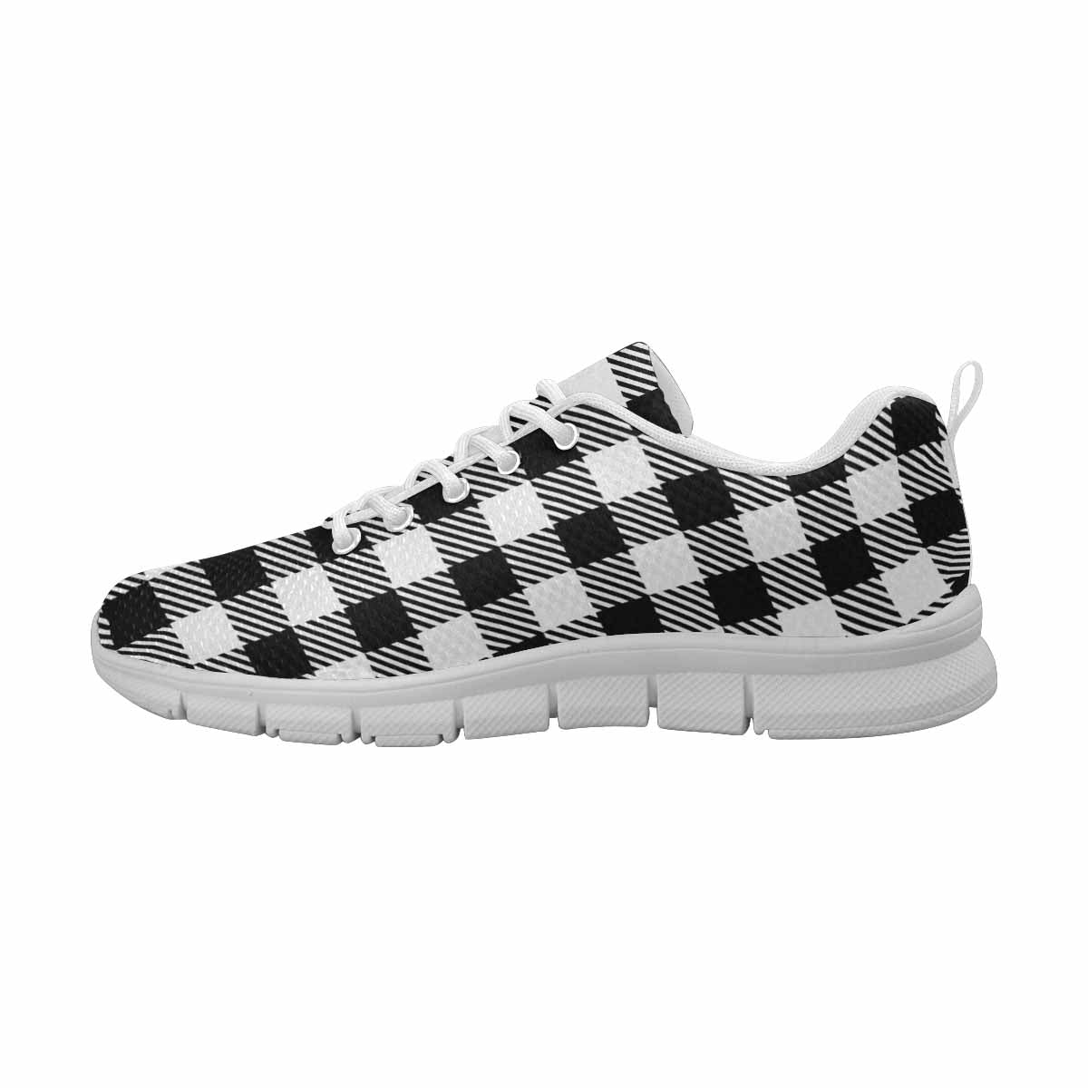 Men's Buffalo Plaid Black and White Sneakers designed for running, featuring a durable outsole and breathable materials.