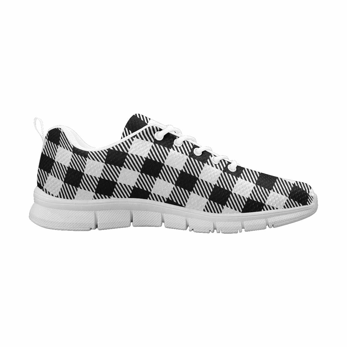 Men's Buffalo Plaid Black and White Sneakers designed for running, featuring a durable outsole and breathable materials.