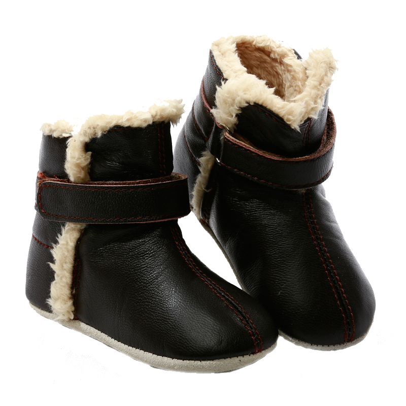 SNUG Baby & Toddler First Walker Boots in Chocolate, made from genuine leather with cozy sherpa lining and adjustable collar.
