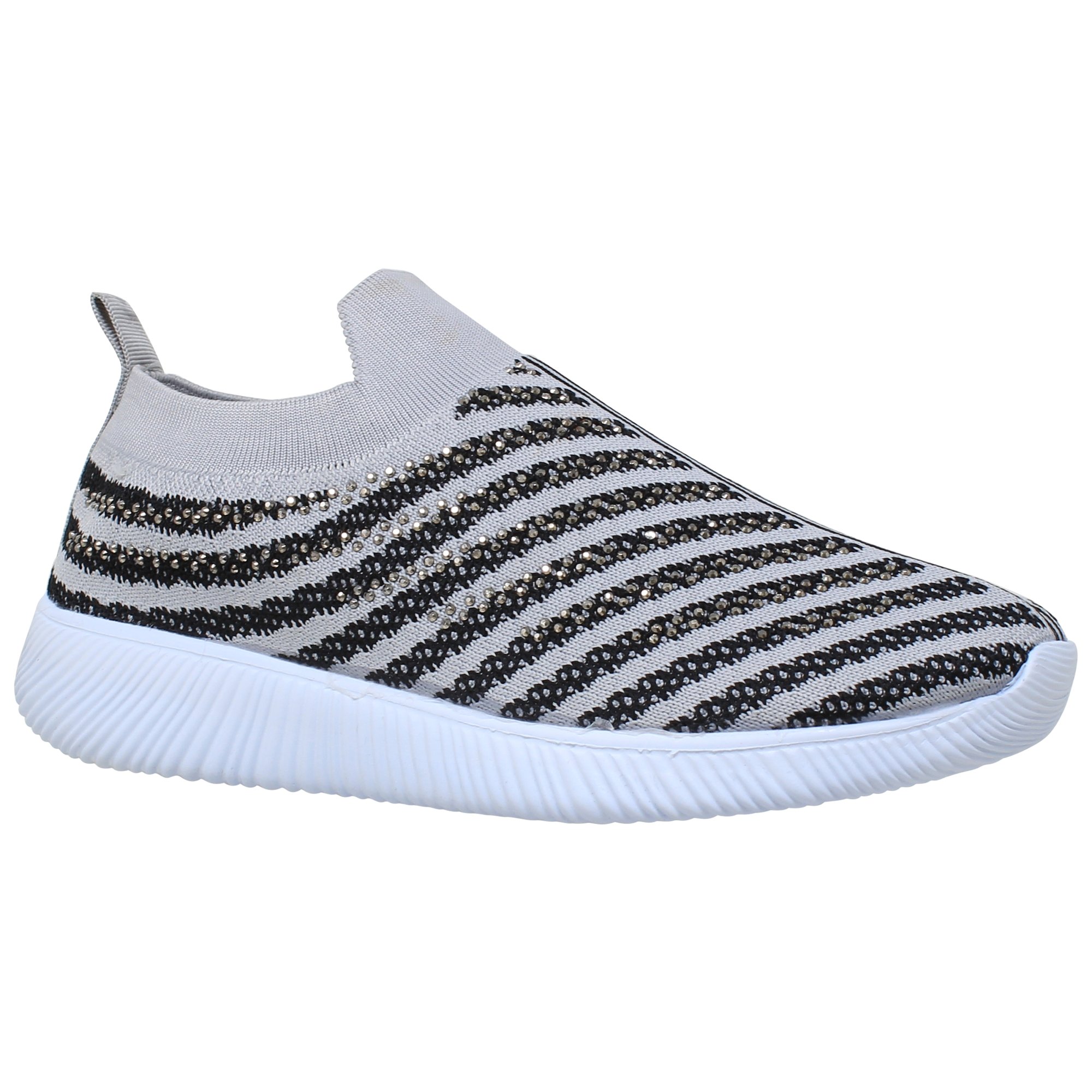 SOBEYO Women's Gray Sneakers featuring rhinestone strips, breathable mesh upper, and lightweight design, ideal for running and walking.