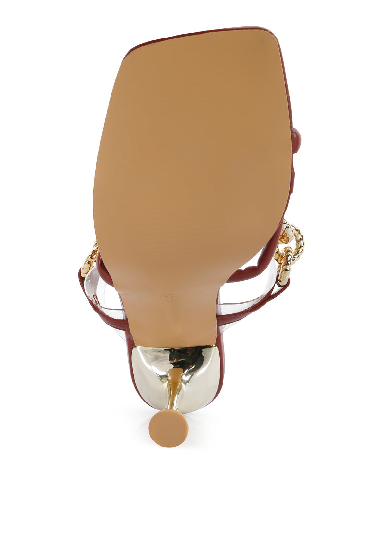 Elegant Social Bee Link Chain Embellished Heel Sandals with stiletto heels and metallic chain strap, perfect for weddings and parties.