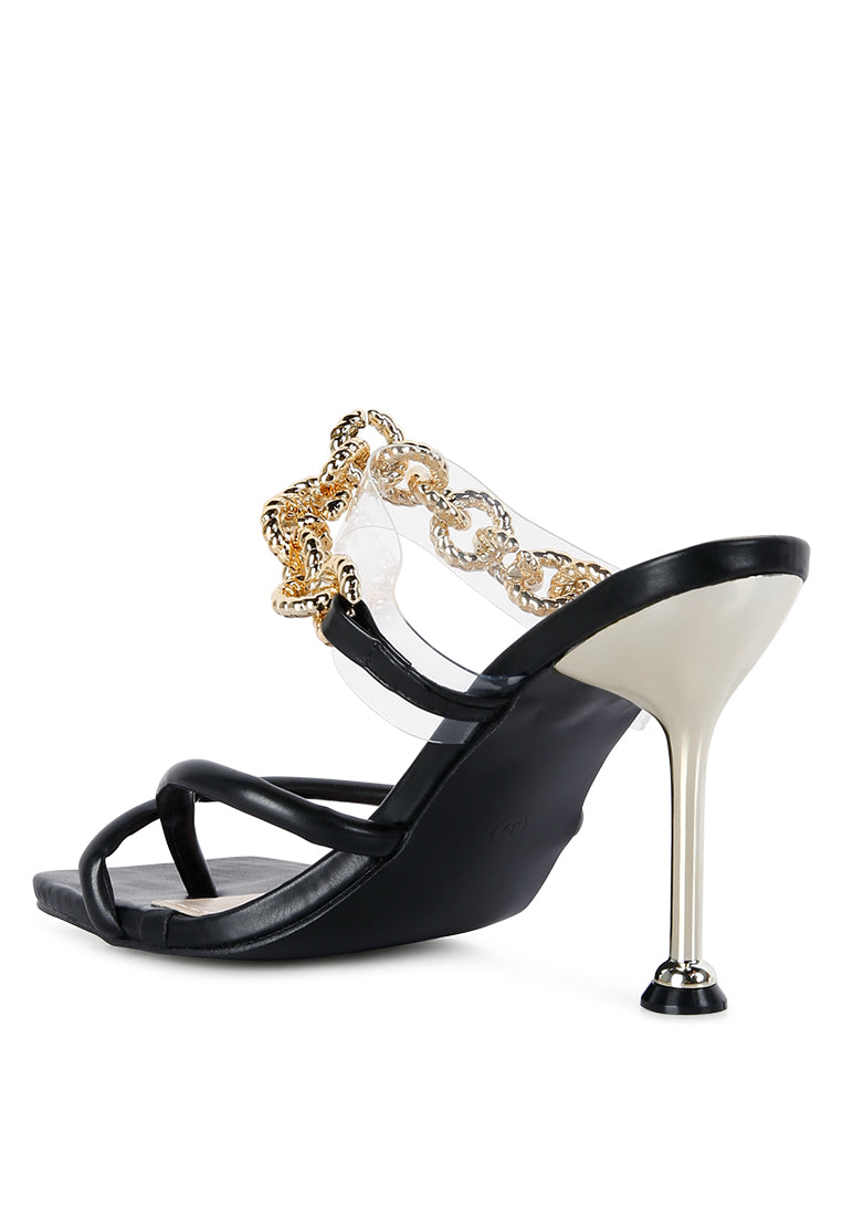 Elegant Social Bee Link Chain Embellished Heel Sandals with stiletto heels and metallic chain strap, perfect for weddings and parties.