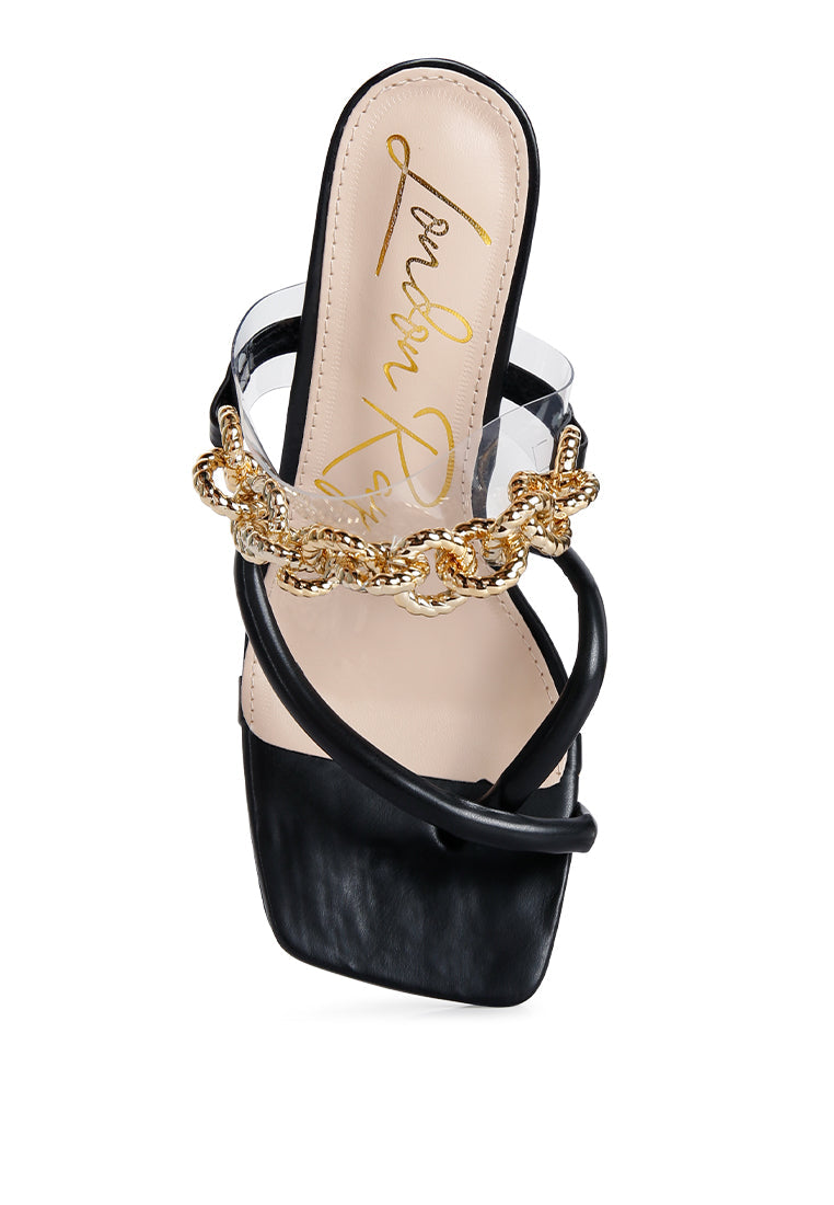 Elegant Social Bee Link Chain Embellished Heel Sandals with stiletto heels and metallic chain strap, perfect for weddings and parties.
