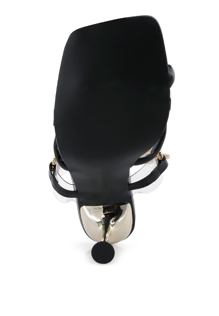 Elegant Social Bee Link Chain Embellished Heel Sandals with stiletto heels and metallic chain strap, perfect for weddings and parties.