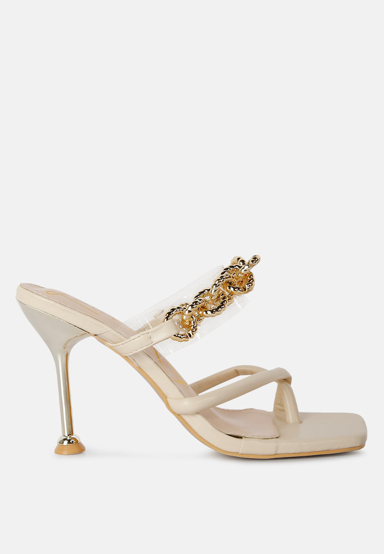 Elegant Social Bee Link Chain Embellished Heel Sandals with stiletto heels and metallic chain strap, perfect for weddings and parties.