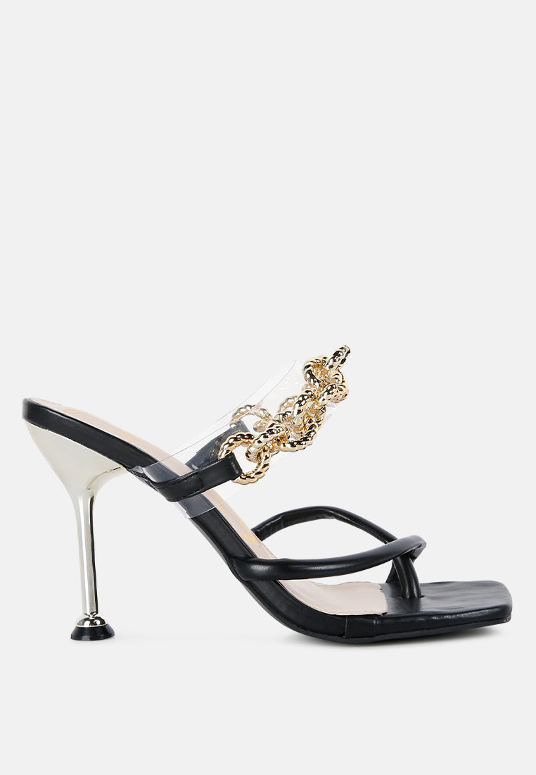 Elegant Social Bee Link Chain Embellished Heel Sandals with stiletto heels and metallic chain strap, perfect for weddings and parties.
