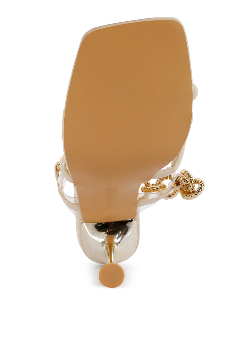 Elegant Social Bee Link Chain Embellished Heel Sandals with stiletto heels and metallic chain strap, perfect for weddings and parties.