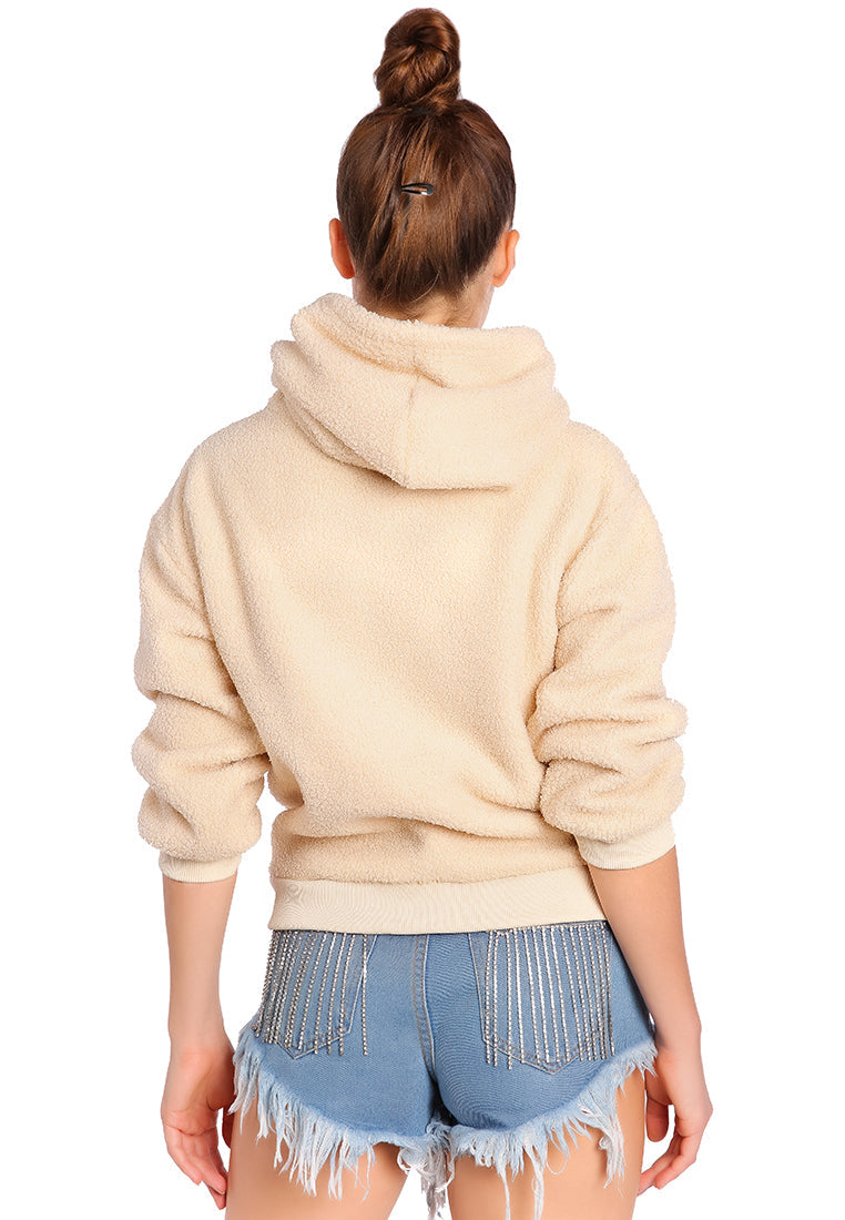 A cozy soft fleece pullover drawstring hoodie in a stylish design, featuring a kangaroo pocket and faux fur lining.