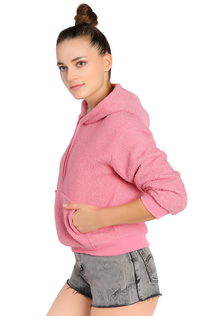 A cozy soft fleece pullover drawstring hoodie in a stylish design, featuring a kangaroo pocket and faux fur lining.