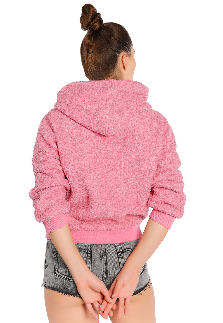 A cozy soft fleece pullover drawstring hoodie in a stylish design, featuring a kangaroo pocket and faux fur lining.