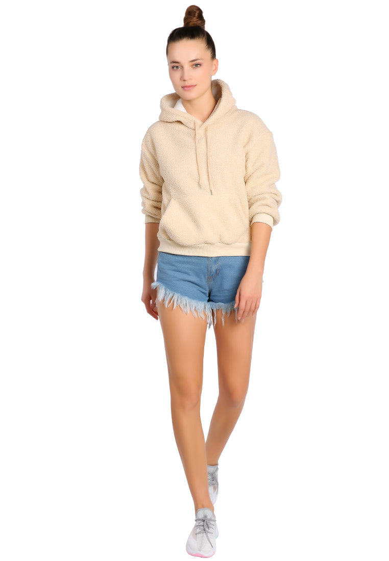 A cozy soft fleece pullover drawstring hoodie in a stylish design, featuring a kangaroo pocket and faux fur lining.