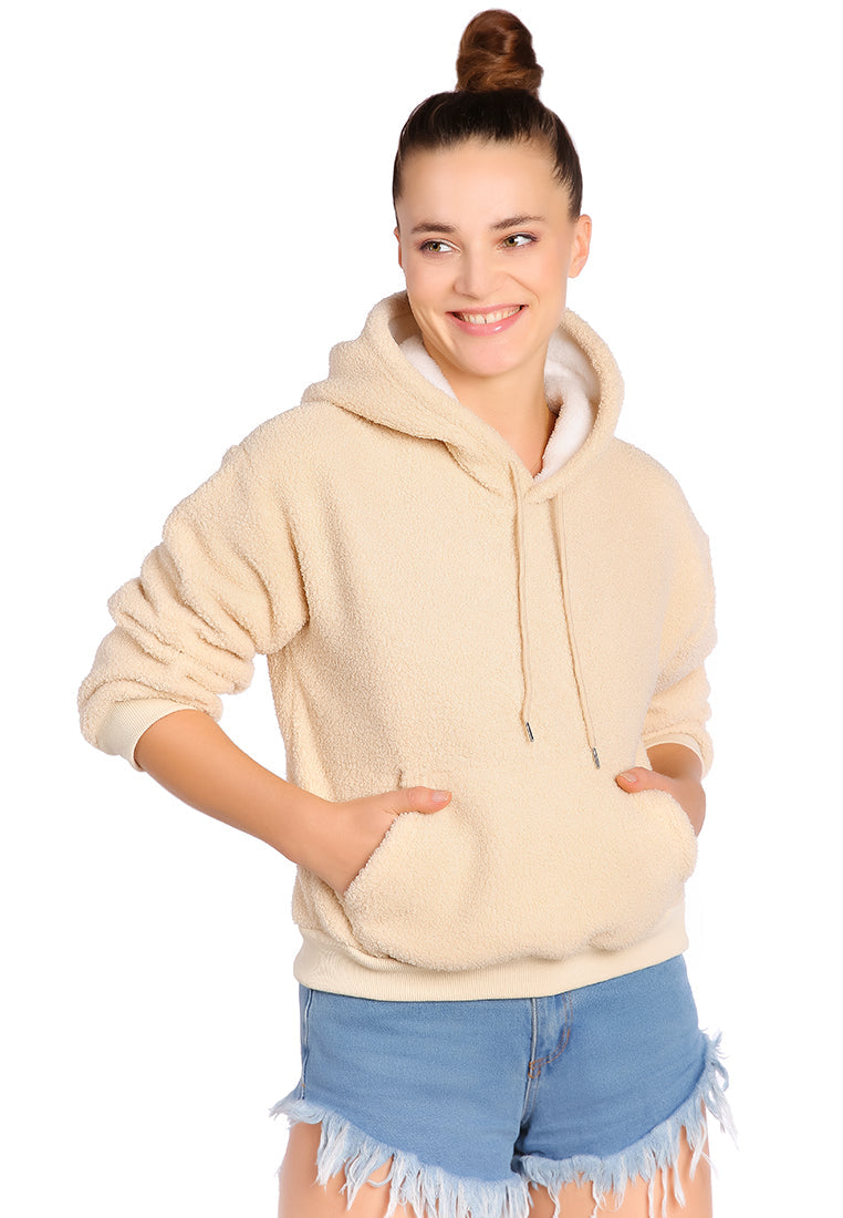 A cozy soft fleece pullover drawstring hoodie in a stylish design, featuring a kangaroo pocket and faux fur lining.