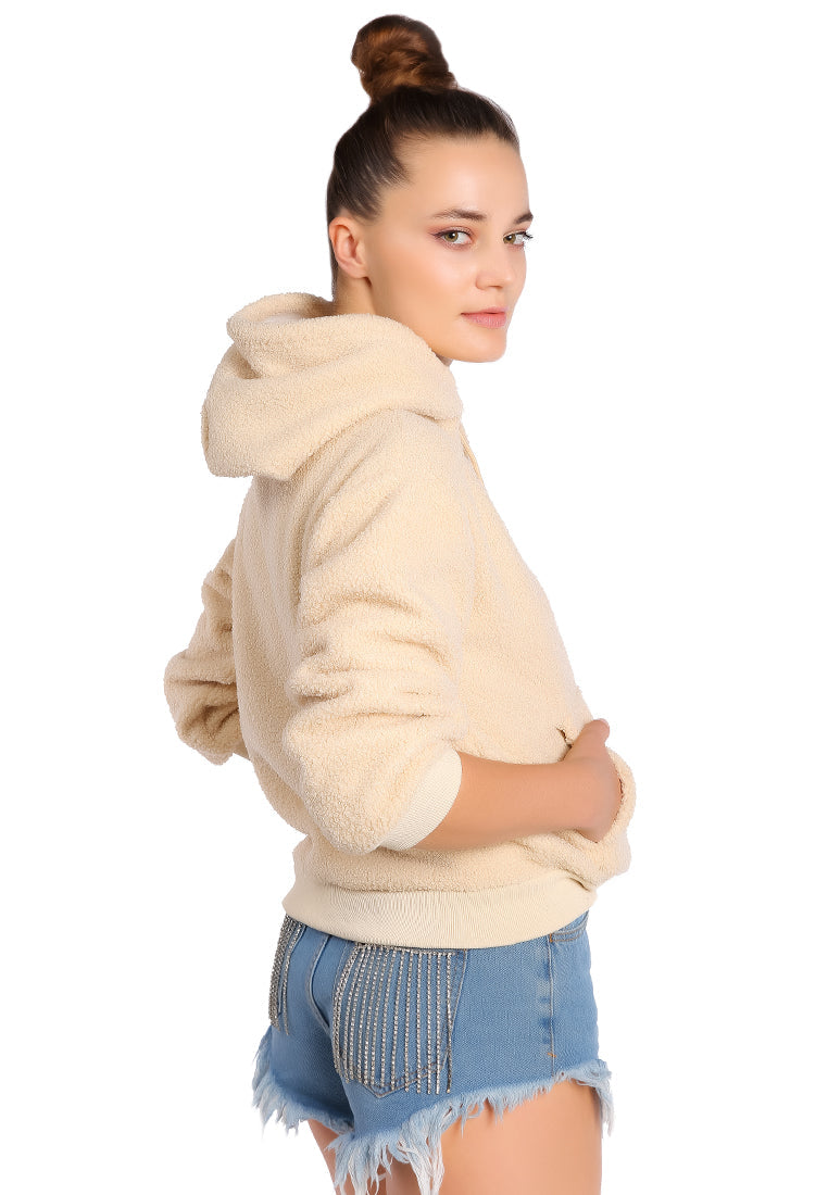 A cozy soft fleece pullover drawstring hoodie in a stylish design, featuring a kangaroo pocket and faux fur lining.