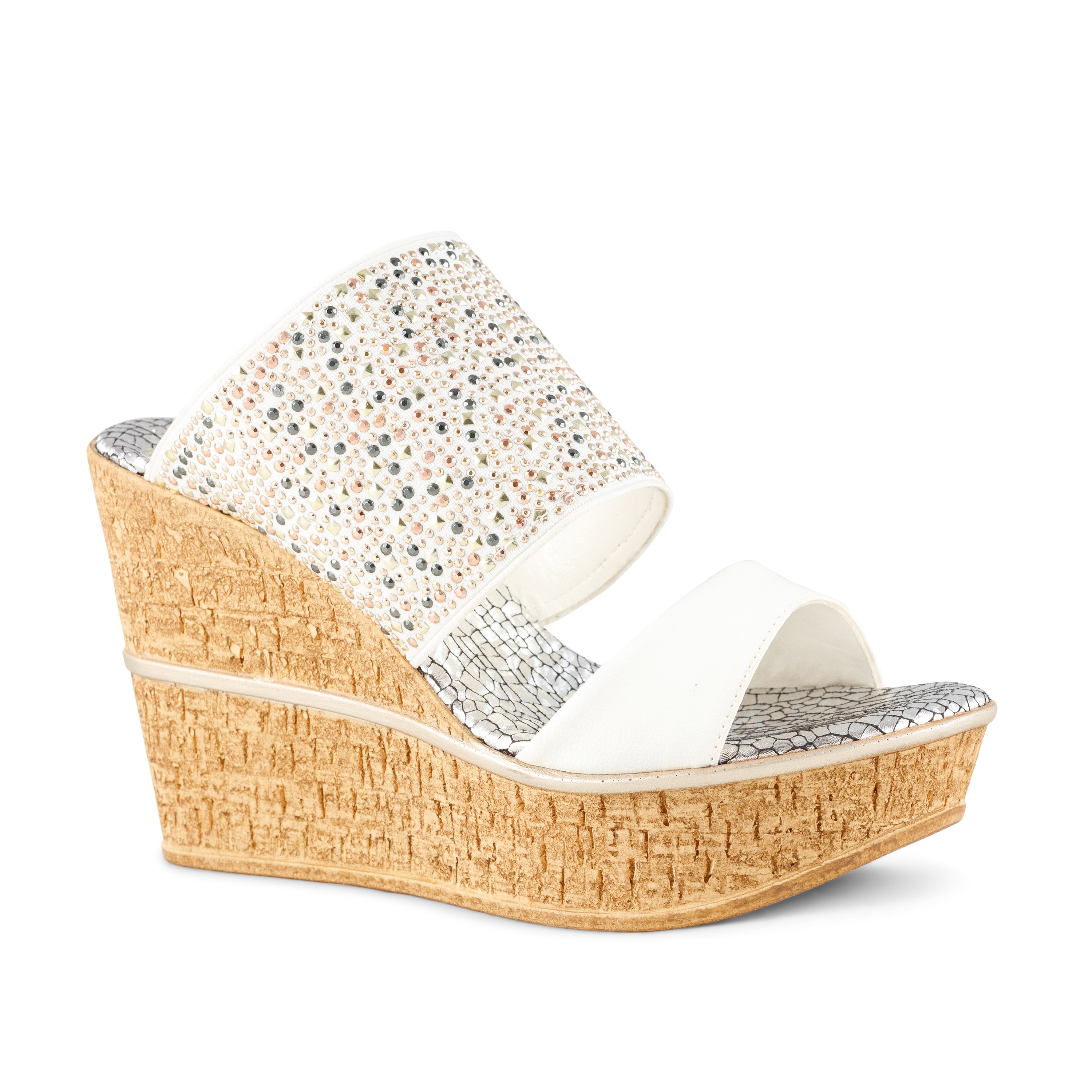 A stylish high wedge heel named Spring Fling, featuring an ornamented upper in vibrant colors, perfect for spring outings.