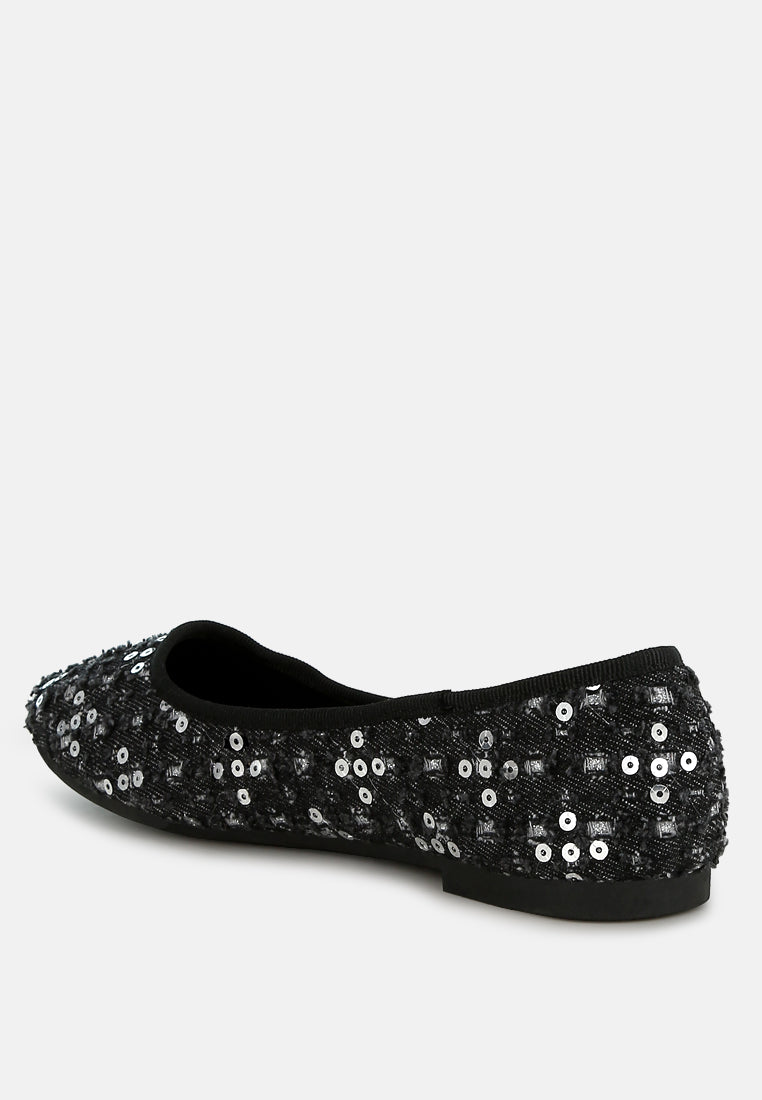 Sujet Sequin Ballet Flats featuring shimmering sequins and a stylish glitter fabric upper, perfect for casual and trendy outfits.