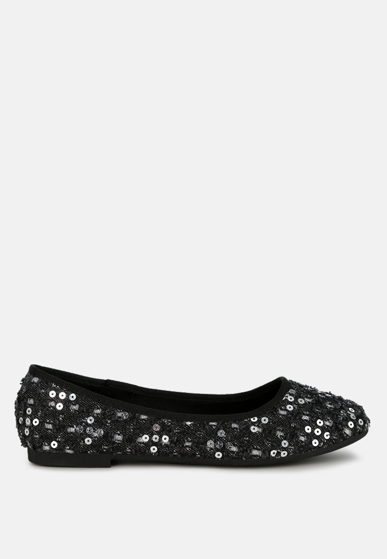 Sujet Sequin Ballet Flats featuring shimmering sequins and a stylish glitter fabric upper, perfect for casual and trendy outfits.