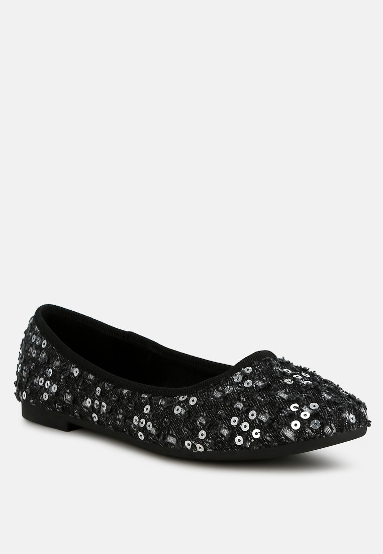 Sujet Sequin Ballet Flats featuring shimmering sequins and a stylish glitter fabric upper, perfect for casual and trendy outfits.