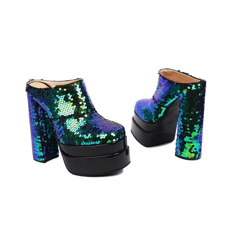Stylish Summer Thick Heel High Heel Baotou Slippers with a water platform design, showcasing sequins and a non-slip rubber sole.