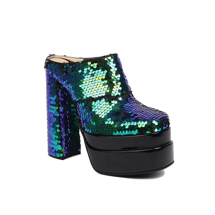 Stylish Summer Thick Heel High Heel Baotou Slippers with a water platform design, showcasing sequins and a non-slip rubber sole.