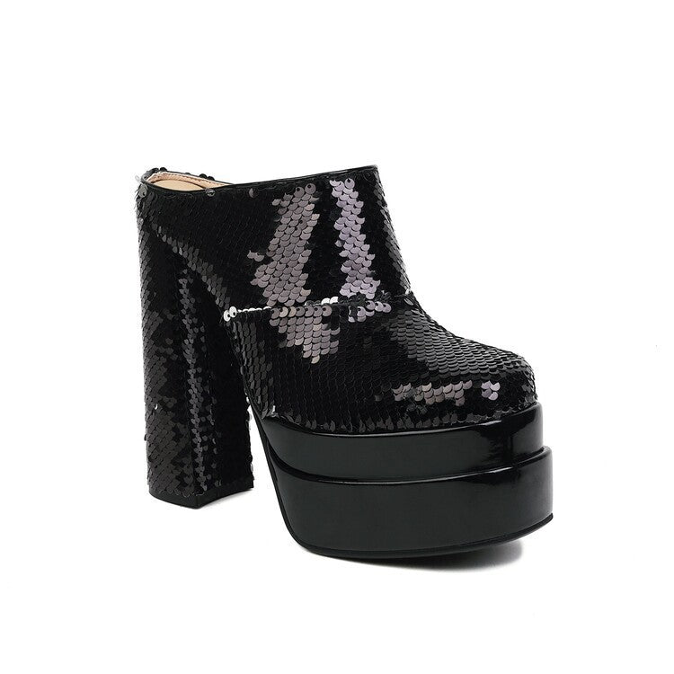 Stylish Summer Thick Heel High Heel Baotou Slippers with a water platform design, showcasing sequins and a non-slip rubber sole.