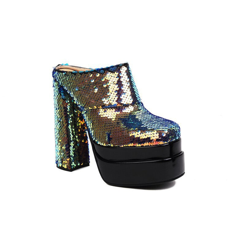 Stylish Summer Thick Heel High Heel Baotou Slippers with a water platform design, showcasing sequins and a non-slip rubber sole.