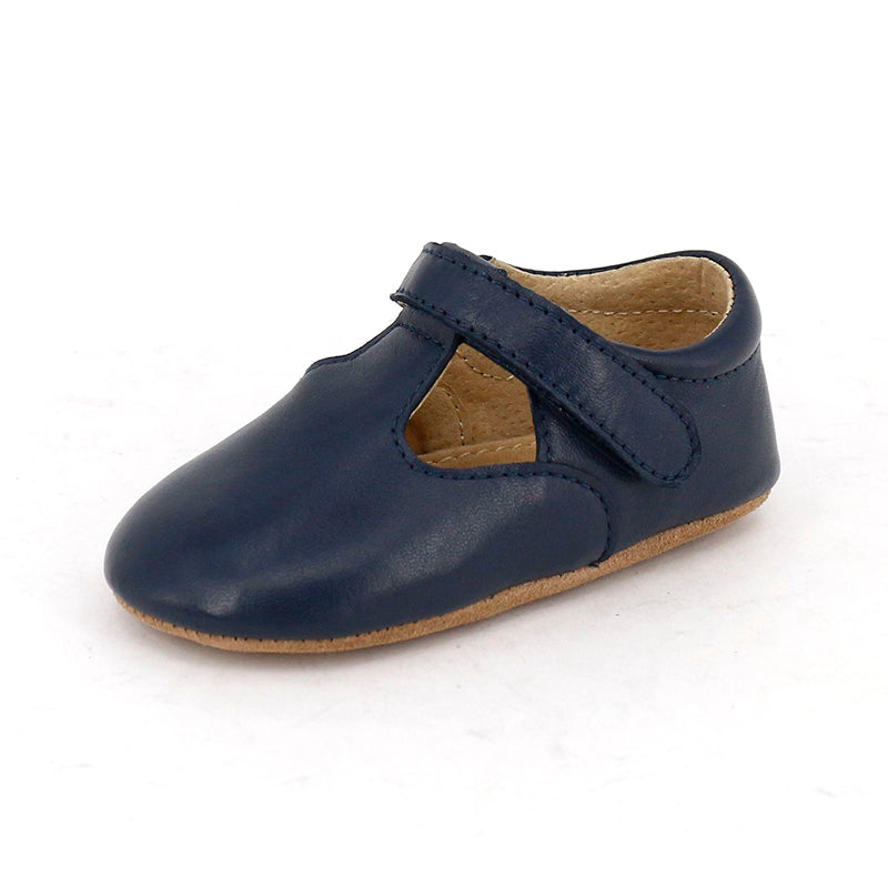 Navy SKEANIE T-Bar Pre Walker Shoes for babies and toddlers, made from soft leather with cushioned ankle collar and hook and loop closure.