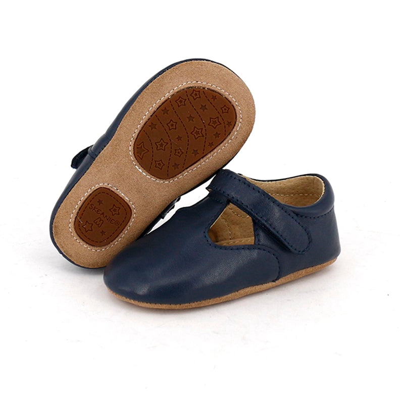 Navy SKEANIE T-Bar Pre Walker Shoes for babies and toddlers, made from soft leather with cushioned ankle collar and hook and loop closure.