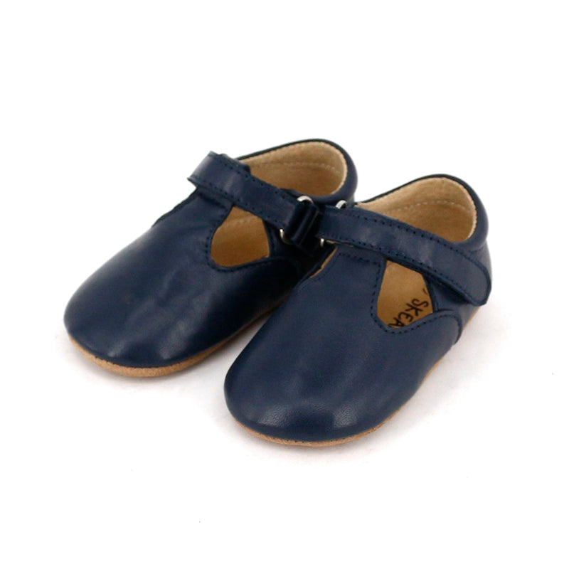 Navy SKEANIE T-Bar Pre Walker Shoes for babies and toddlers, made from soft leather with cushioned ankle collar and hook and loop closure.