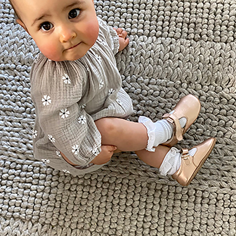 SKEANIE T-Bar Prewalker Shoes in Rose Gold, handmade from soft leather with a hook and loop closure.