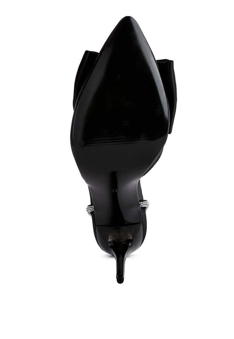 Elegant Winged High Heel Rhinestone Embellished Sandals featuring satin material, diamante jewel bow, and high stiletto heel.