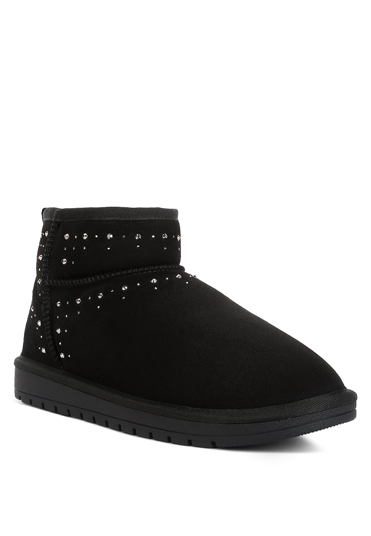 Winifred Rhinestone Embellished Fur Lined Boots featuring a suede exterior, rhinestone details, and a cozy fur lining.