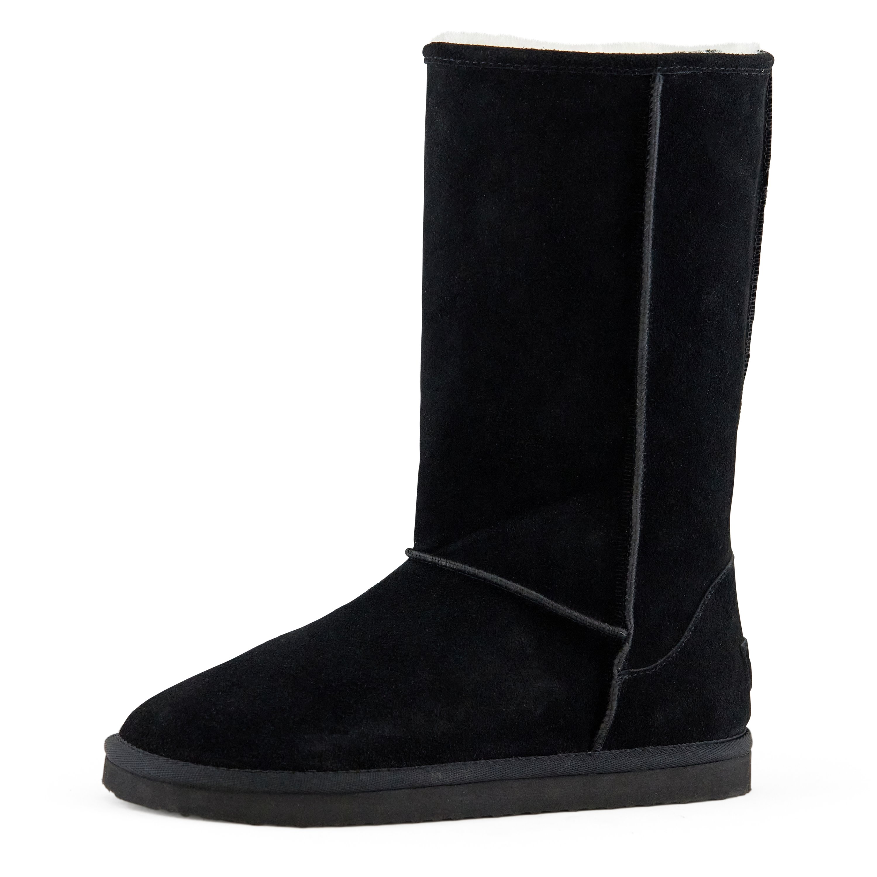 Women's Madison Tall Pull On Boot in Black featuring a soft faux fur interior and genuine suede upper, perfect for stylish comfort.