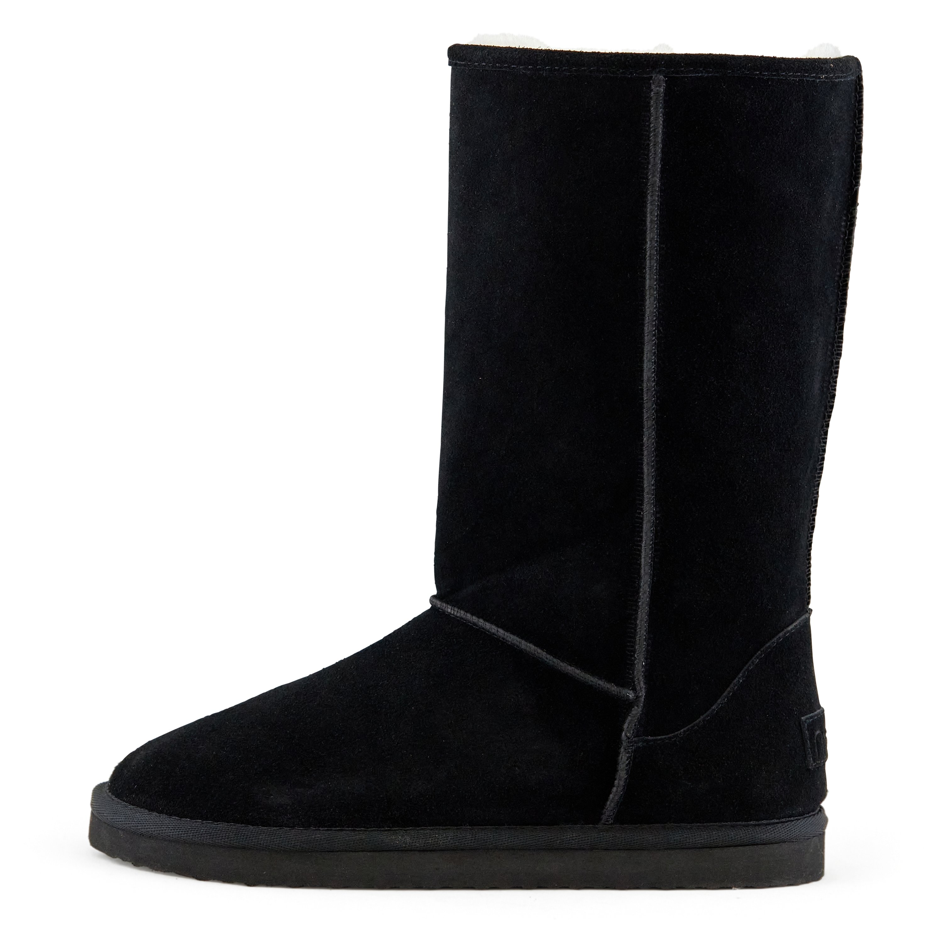 Women's Madison Tall Pull On Boot in Black featuring a soft faux fur interior and genuine suede upper, perfect for stylish comfort.