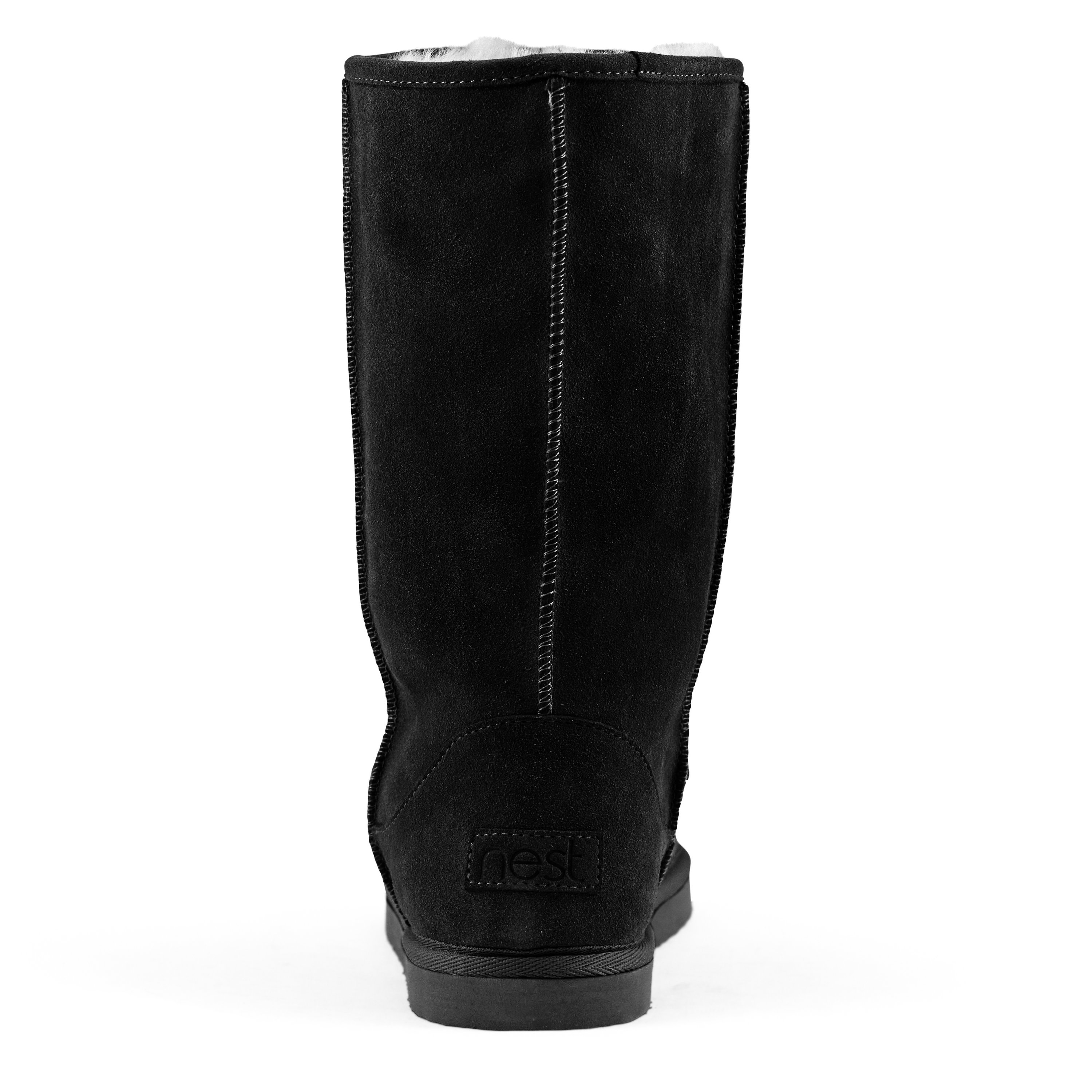 Women's Madison Tall Pull On Boot in Black featuring a soft faux fur interior and genuine suede upper, perfect for stylish comfort.