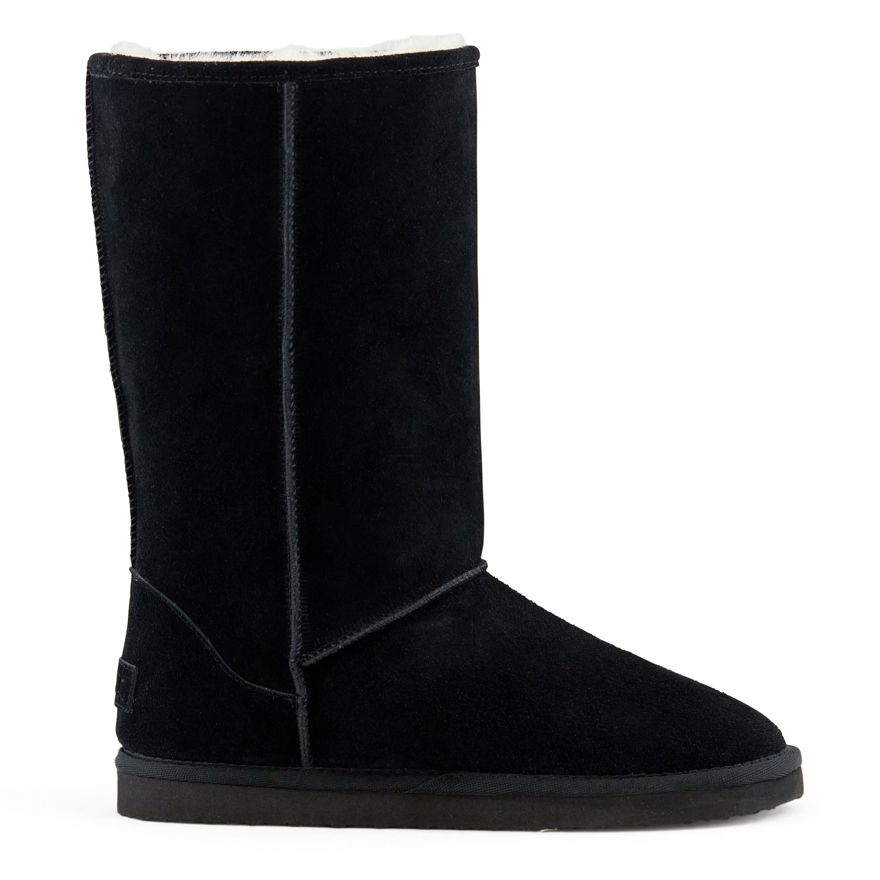 Women's Madison Tall Pull On Boot in Black featuring a soft faux fur interior and genuine suede upper, perfect for stylish comfort.