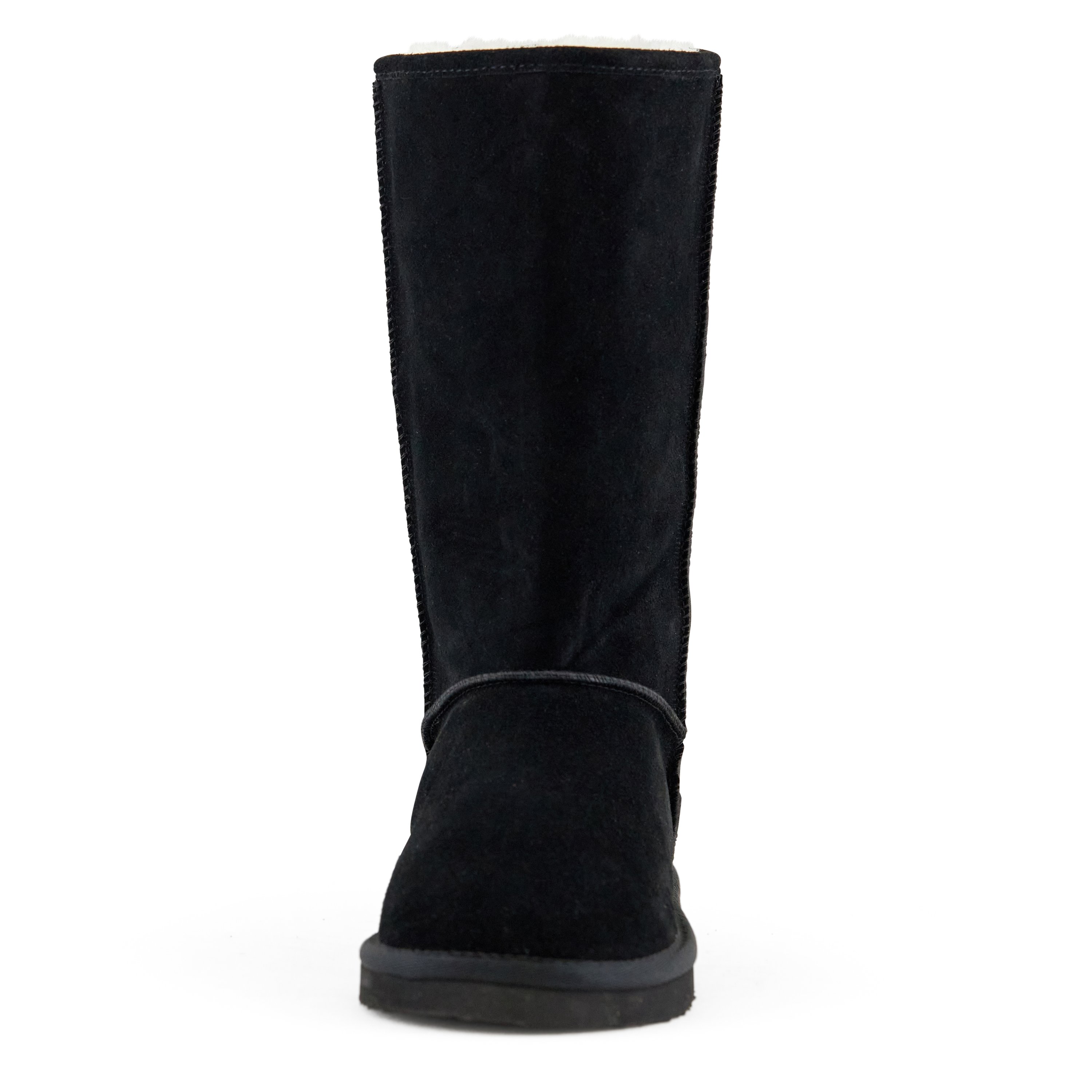 Women's Madison Tall Pull On Boot in Black featuring a soft faux fur interior and genuine suede upper, perfect for stylish comfort.