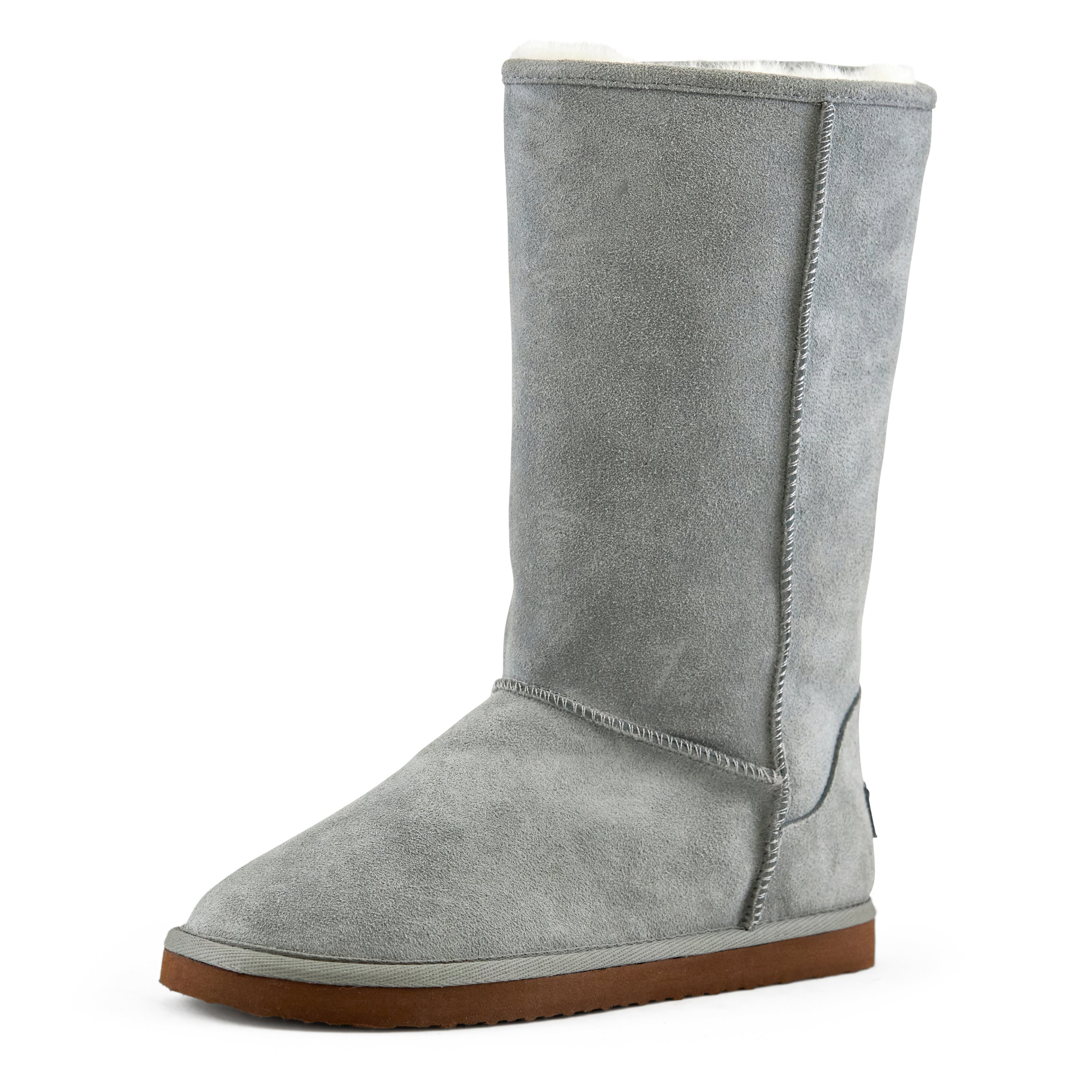Women's Madison Tall Pull On Boot in Grey with faux fur interior and genuine suede upper, showcasing a stylish round toe design.