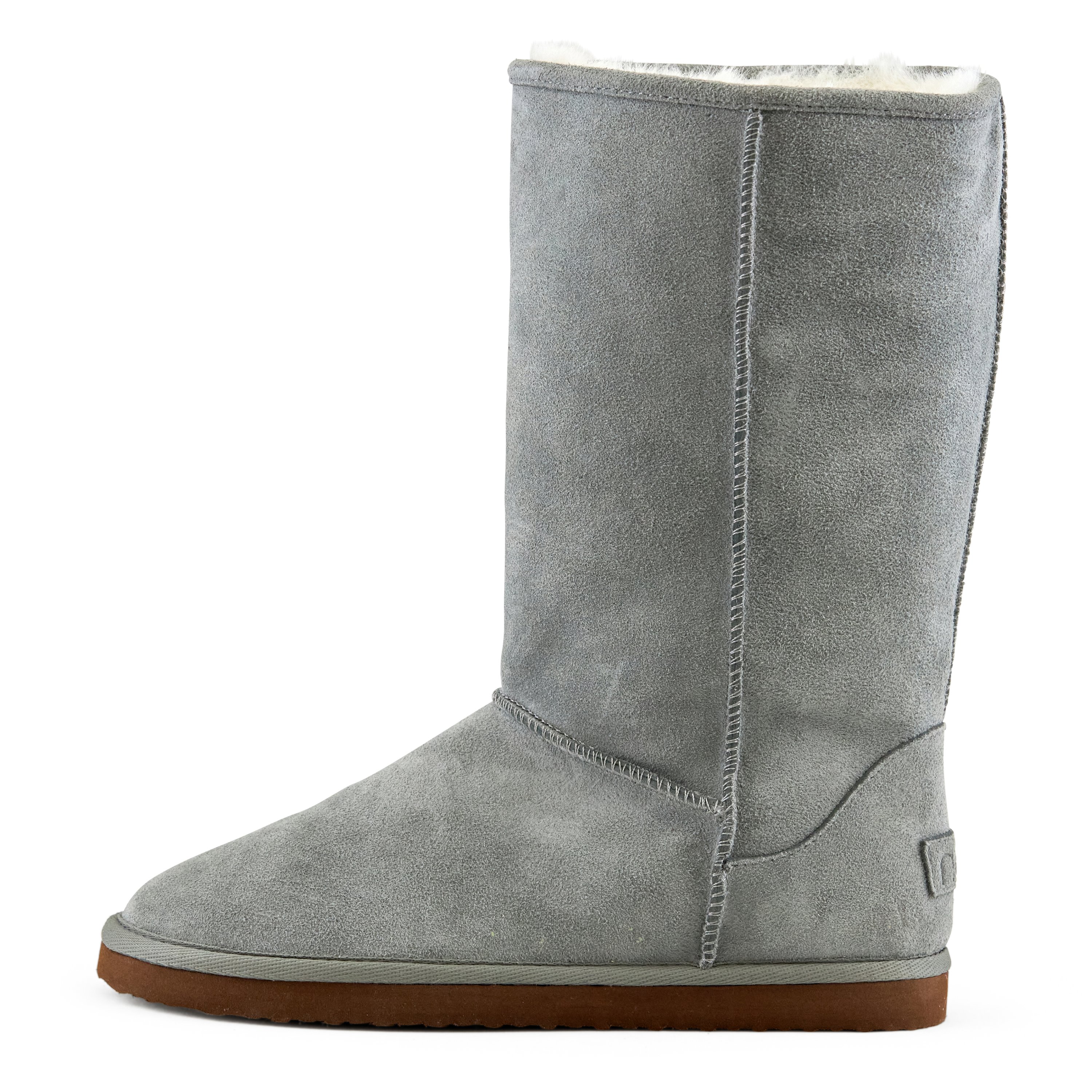 Women's Madison Tall Pull On Boot in Grey with faux fur interior and genuine suede upper, showcasing a stylish round toe design.