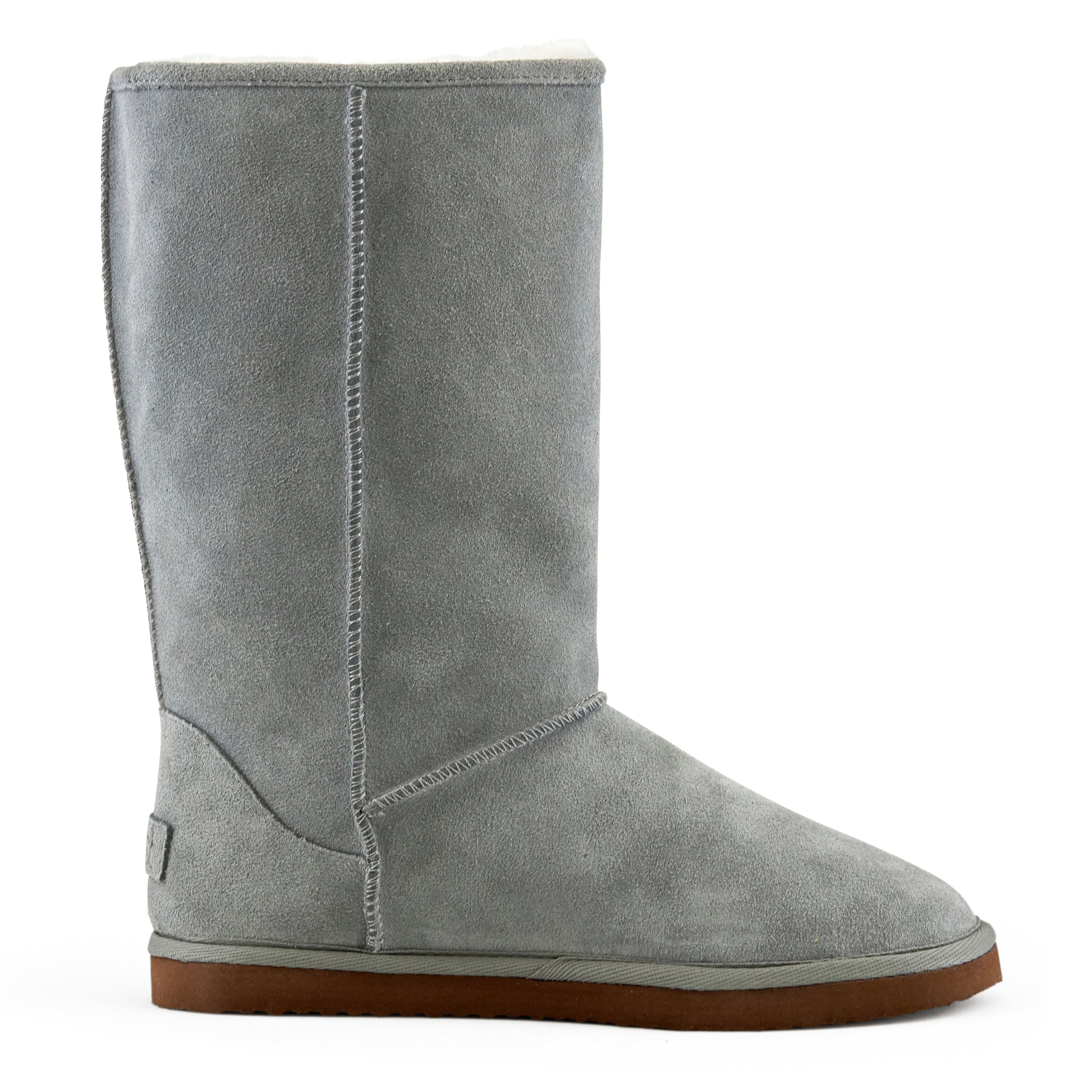 Women's Madison Tall Pull On Boot in Grey with faux fur interior and genuine suede upper, showcasing a stylish round toe design.