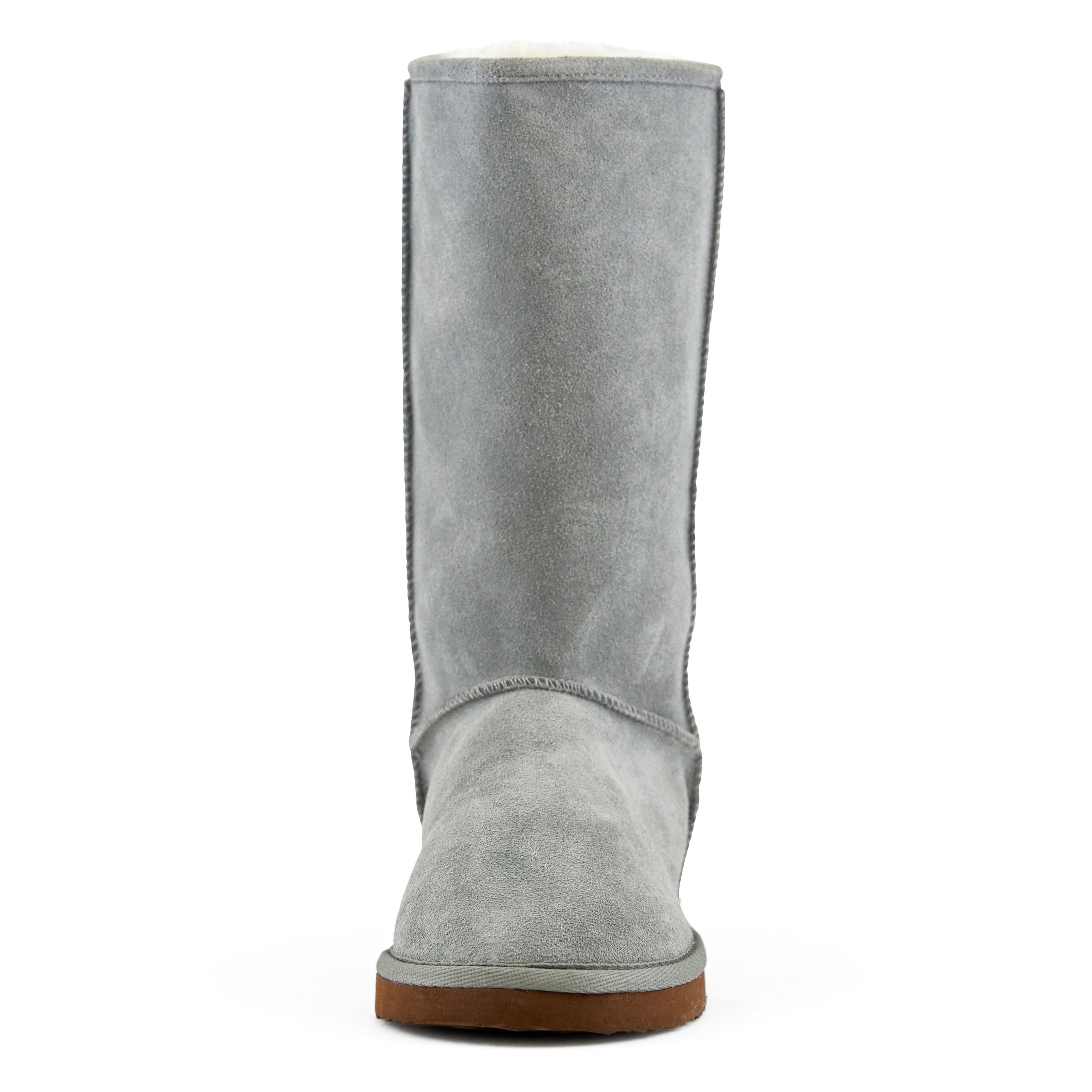 Women's Madison Tall Pull On Boot in Grey with faux fur interior and genuine suede upper, showcasing a stylish round toe design.