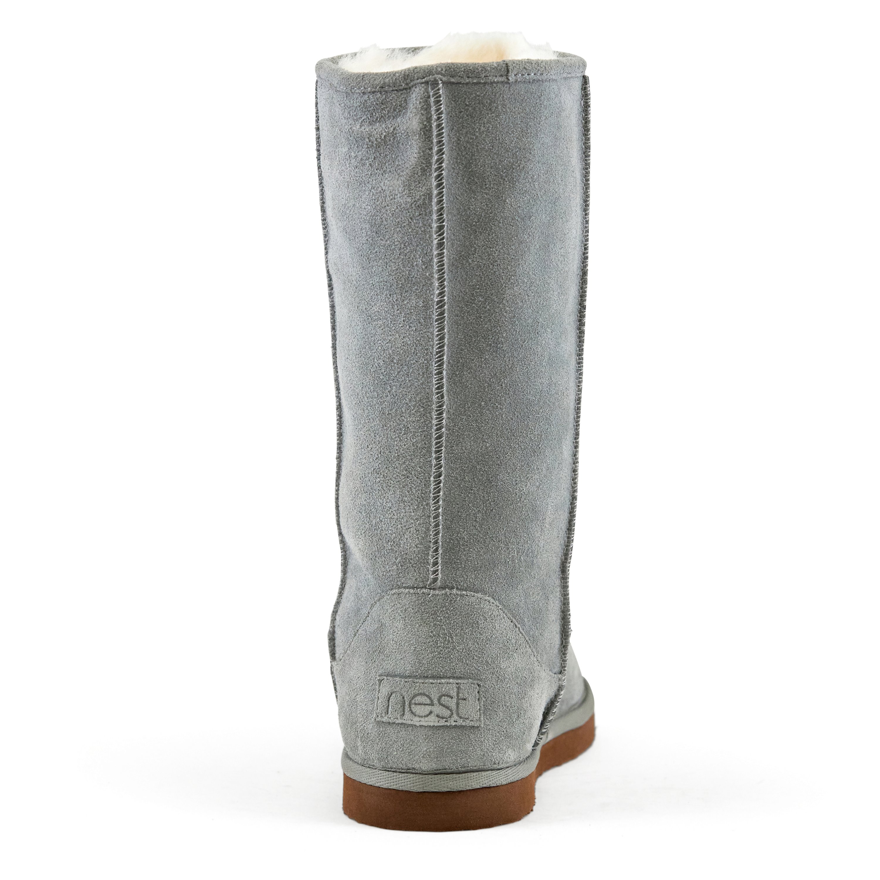 Women's Madison Tall Pull On Boot in Grey with faux fur interior and genuine suede upper, showcasing a stylish round toe design.