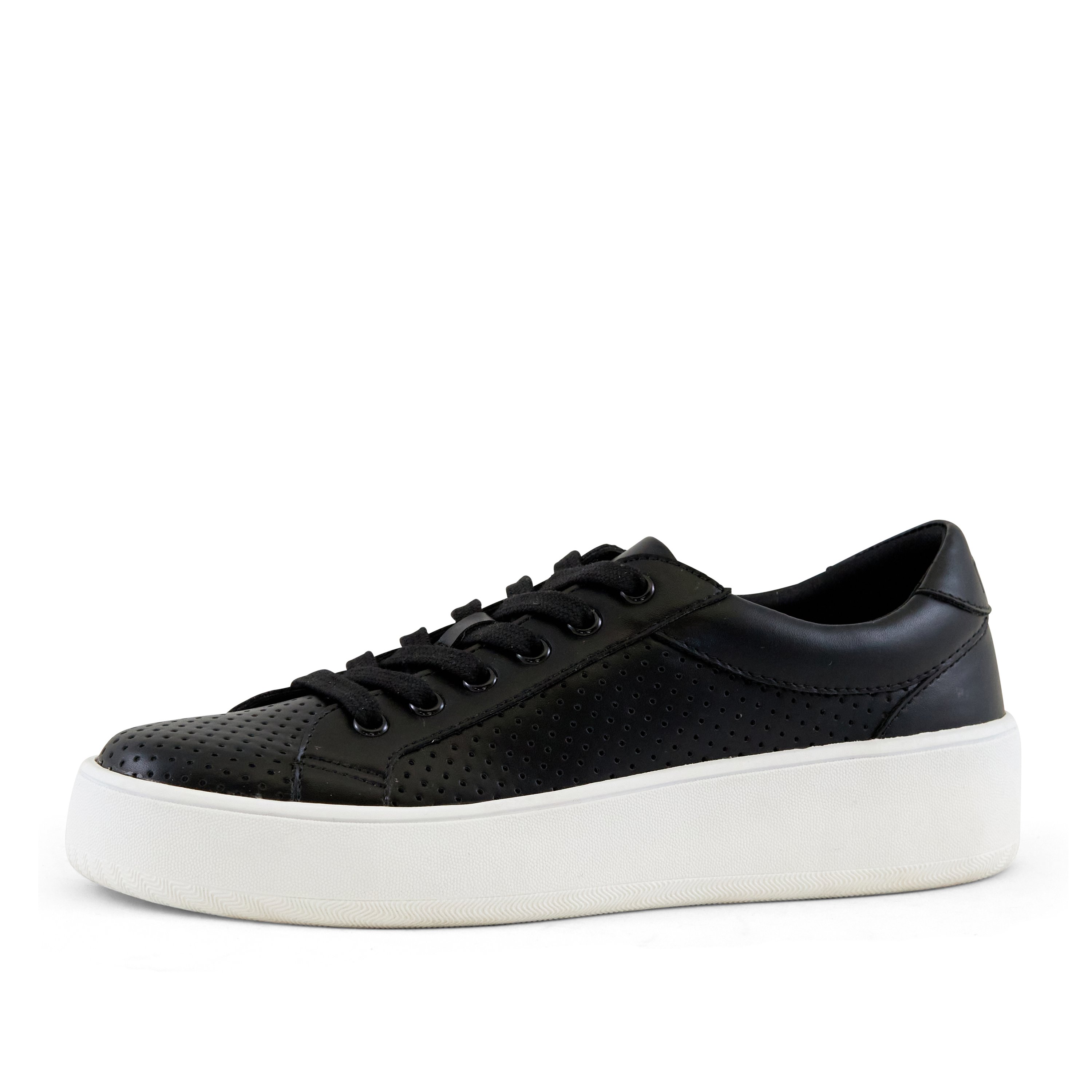 Women's Manila Perf Lace Up Sneaker in Black with decorative perforated upper and cushioned sole.