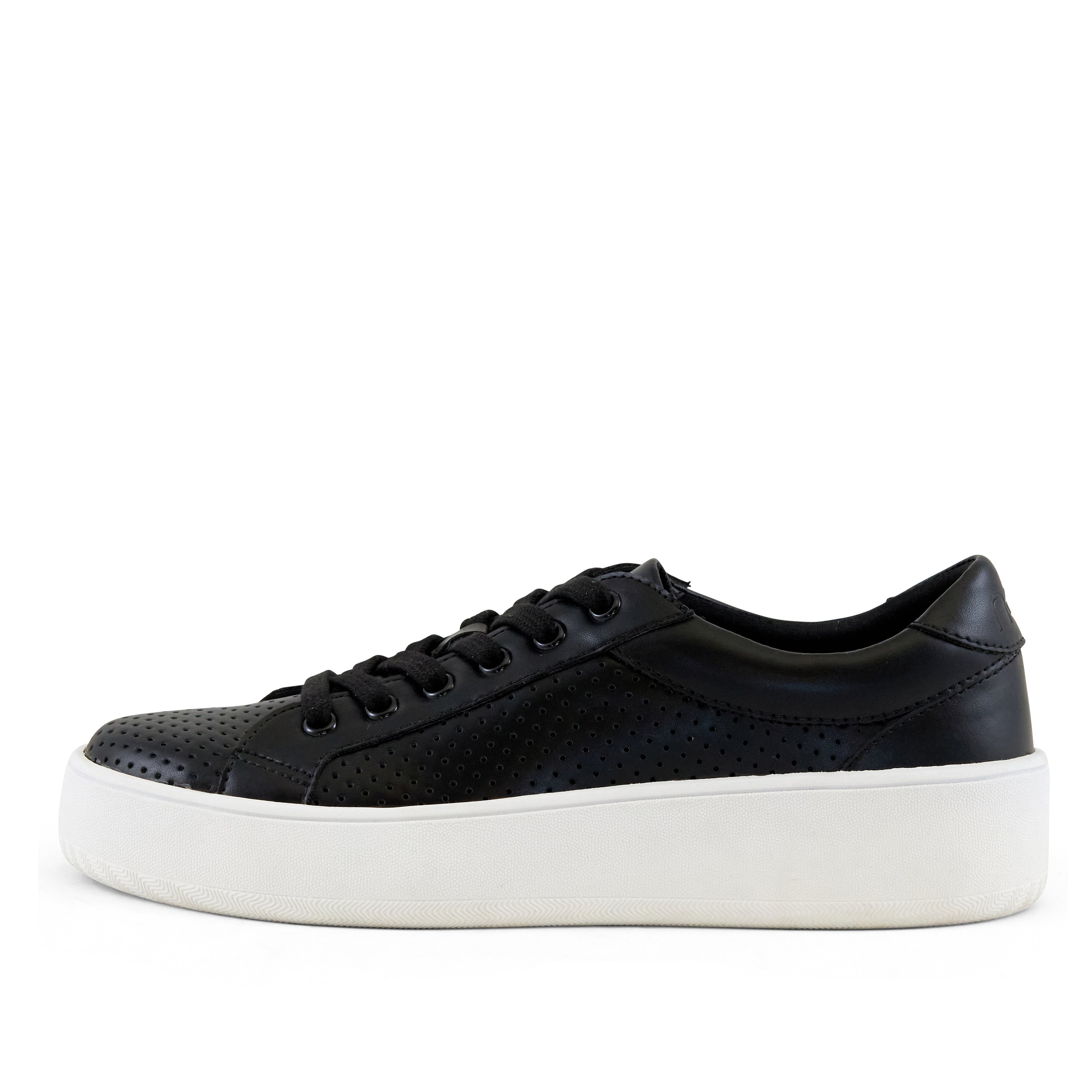 Women's Manila Perf Lace Up Sneaker in Black with decorative perforated upper and cushioned sole.