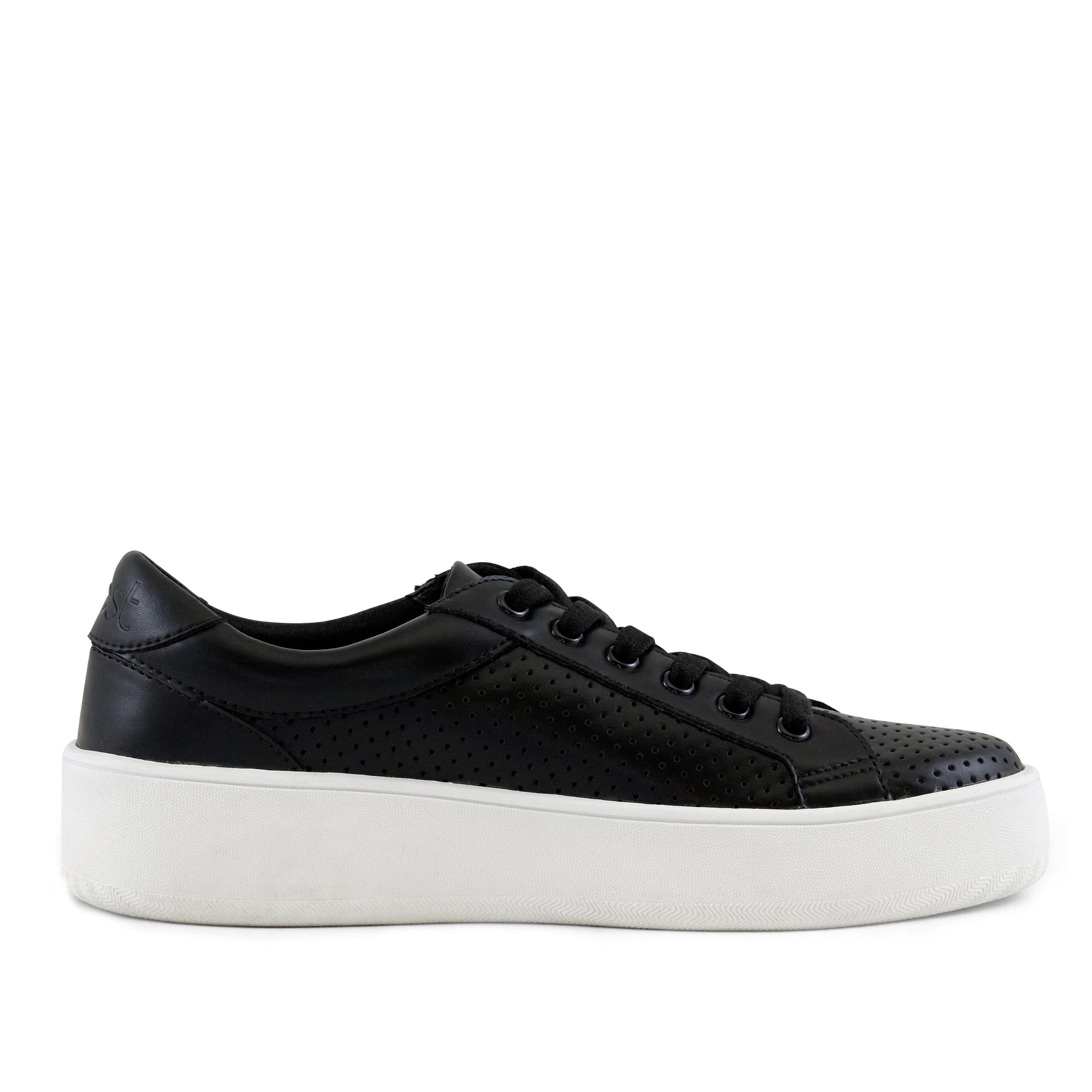 Women's Manila Perf Lace Up Sneaker in Black with decorative perforated upper and cushioned sole.