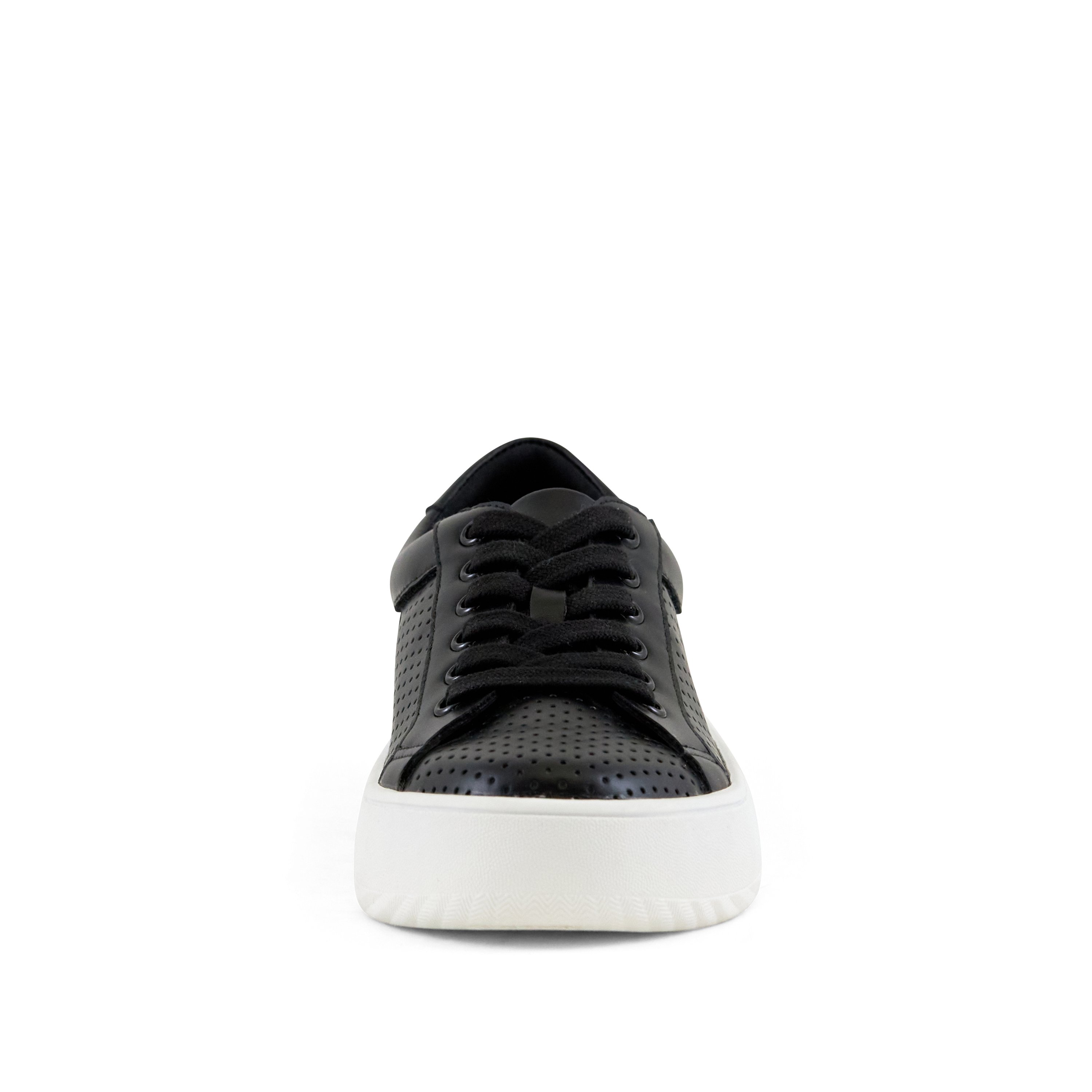 Women's Manila Perf Lace Up Sneaker in Black with decorative perforated upper and cushioned sole.