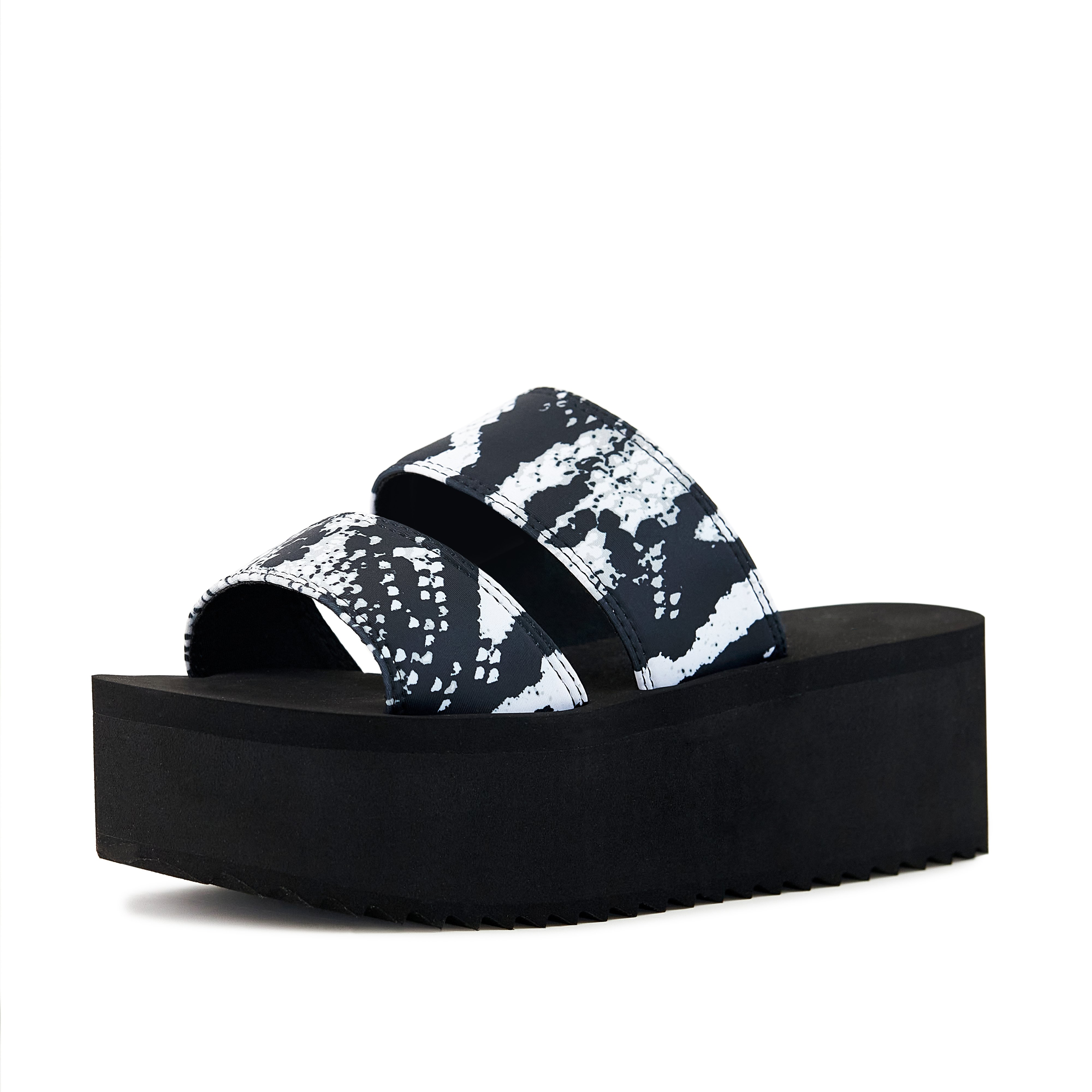 Women's Platform Sandal featuring a black snake print with dual straps and a chunky 2.5" platform sole.