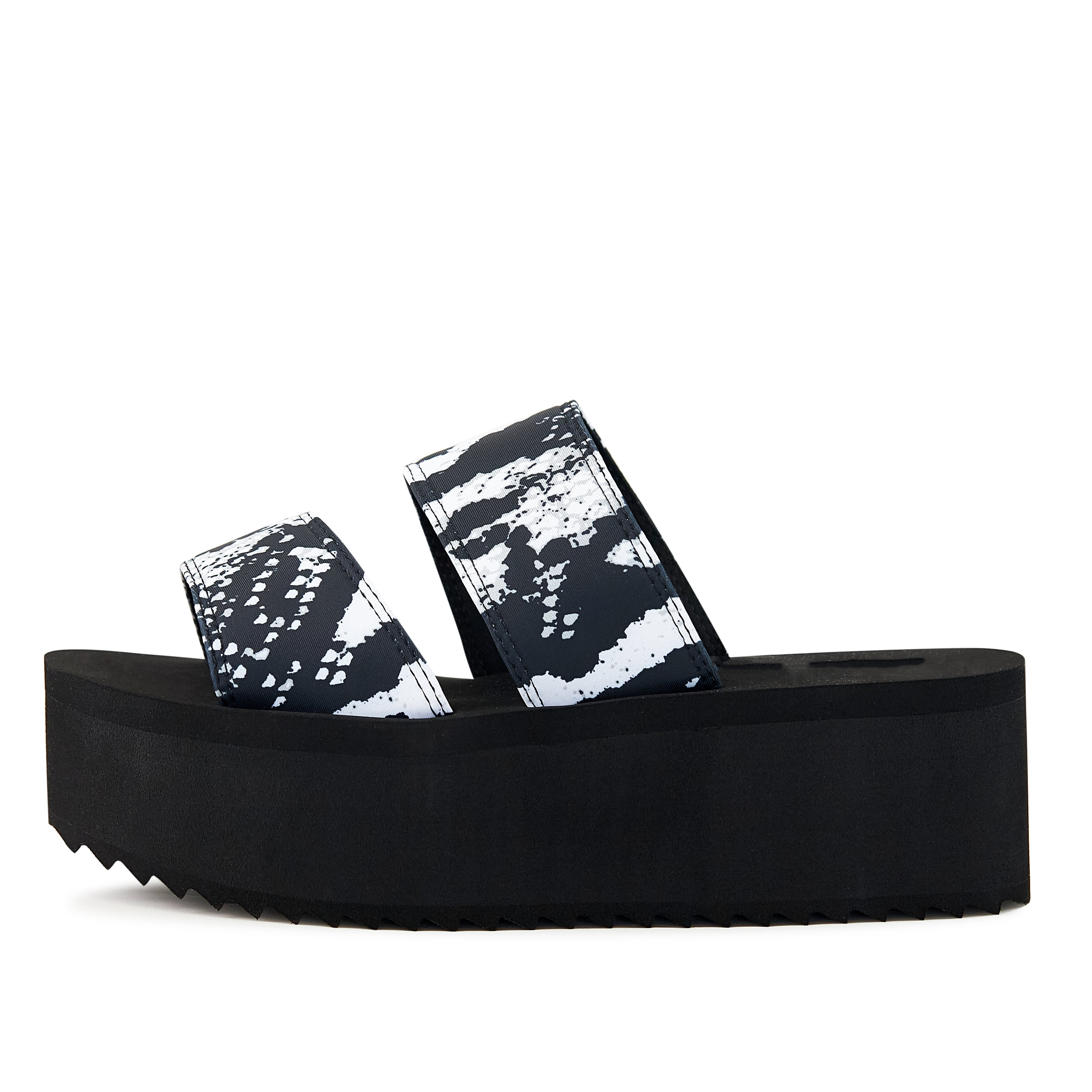 Women's Platform Sandal featuring a black snake print with dual straps and a chunky 2.5" platform sole.